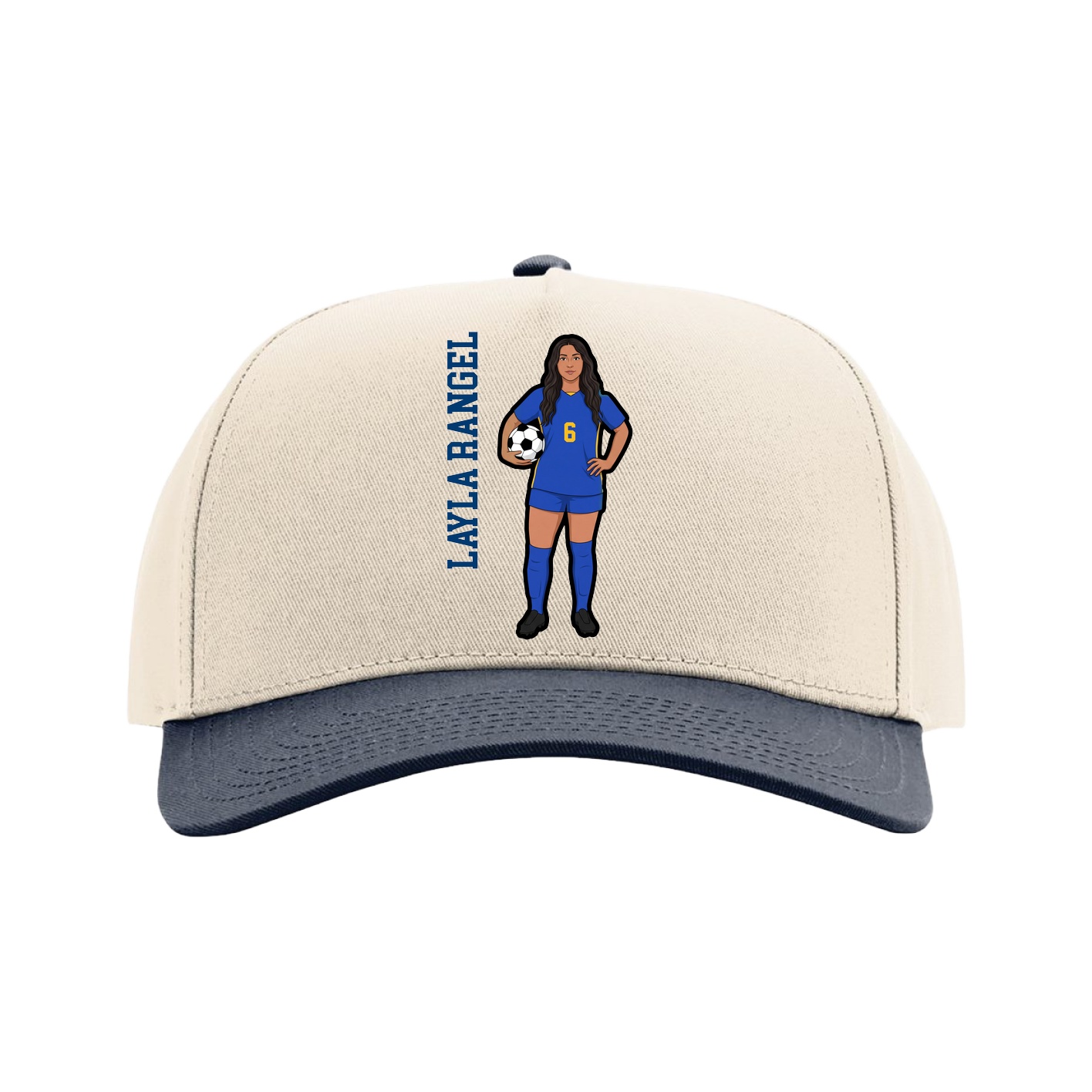 Full Fabric Five-Panel Champ Cap — Name Vertical in Cream/Navy