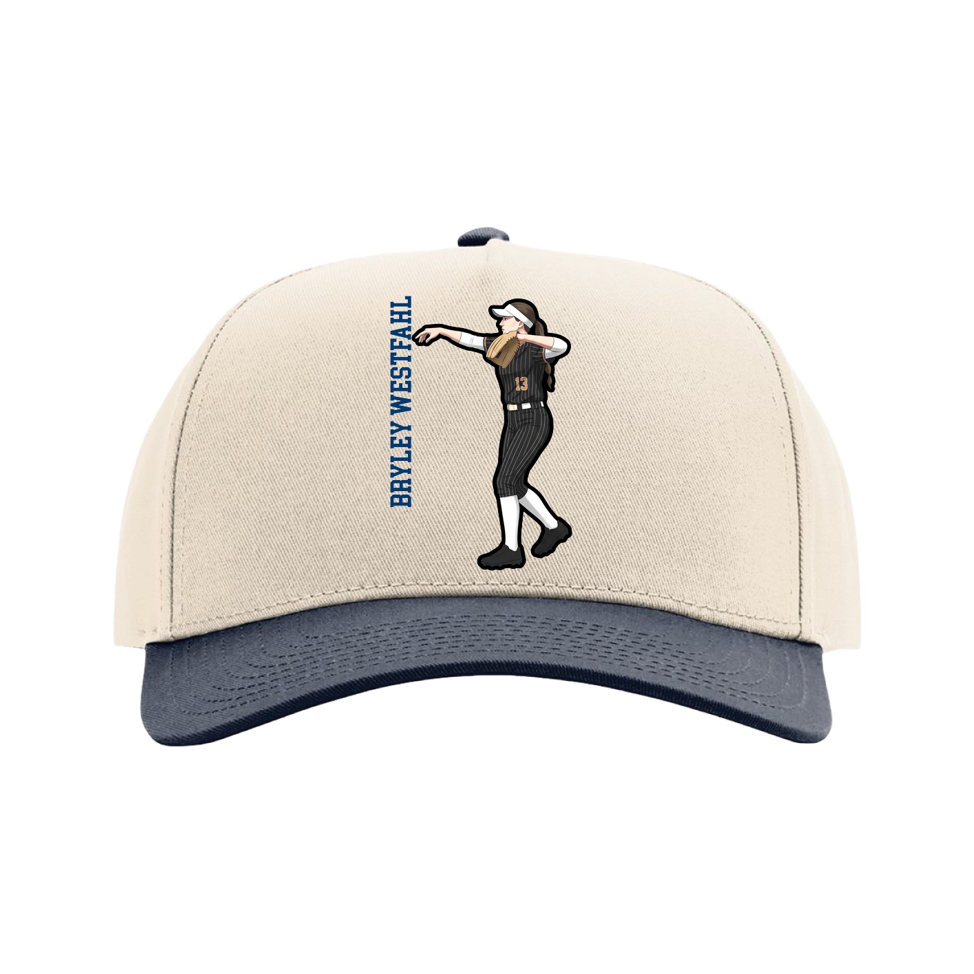 Full Fabric Five-Panel Champ Cap — Name Vertical in Cream/Navy
