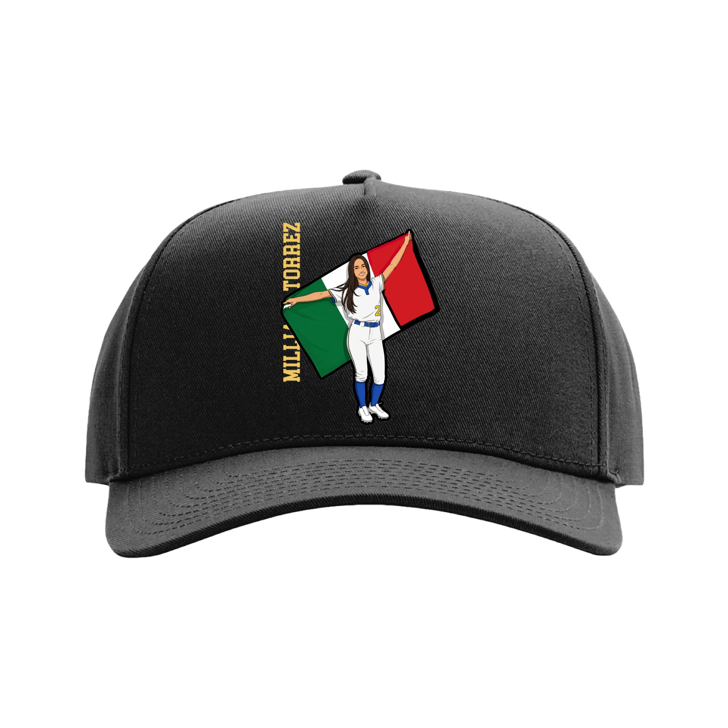 Full Fabric Five-Panel Champ Cap — Name Vertical in Black