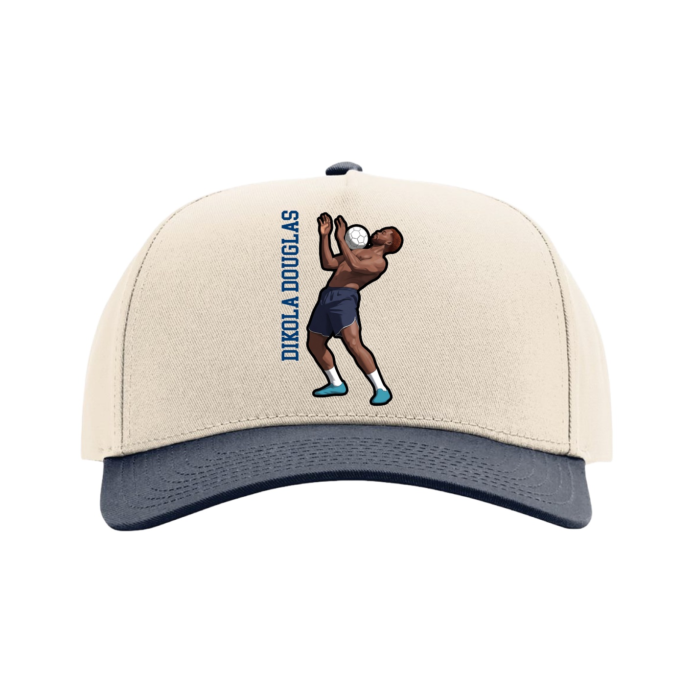 Full Fabric Five-Panel Champ Cap — Name Vertical in Cream/Navy