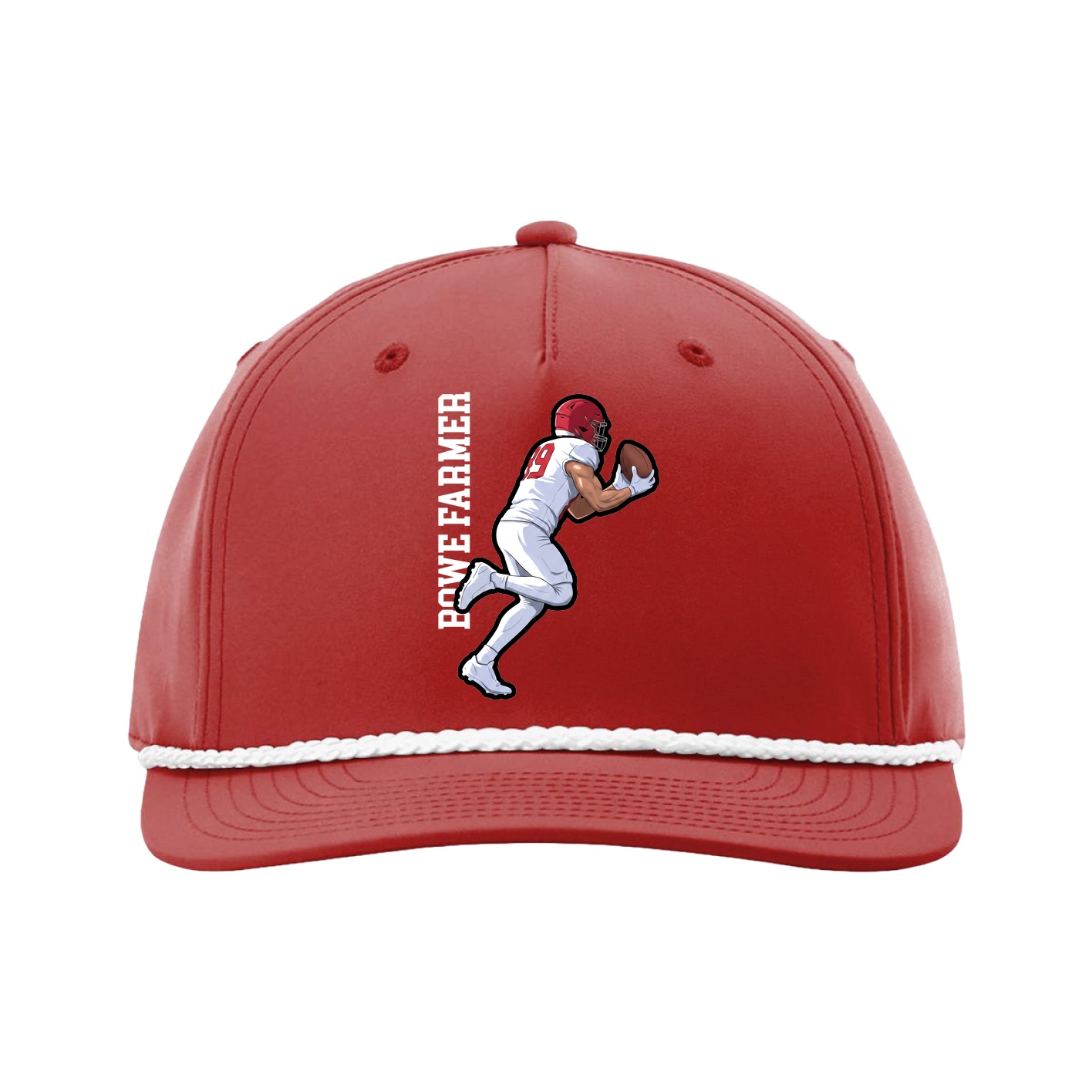 Five-Panel Classic Rope Cap — Name Vertical in Red