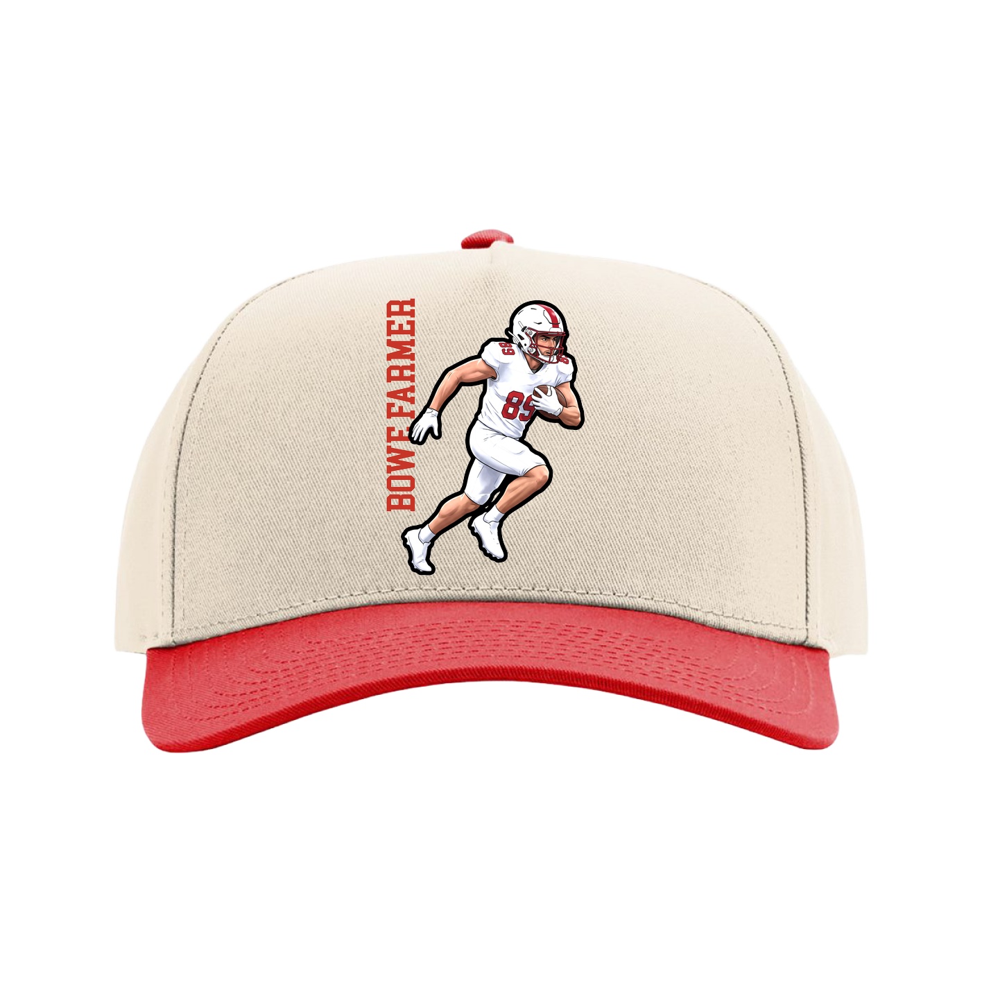 Full Fabric Five-Panel Champ Cap — Name Vertical in Cream/Red