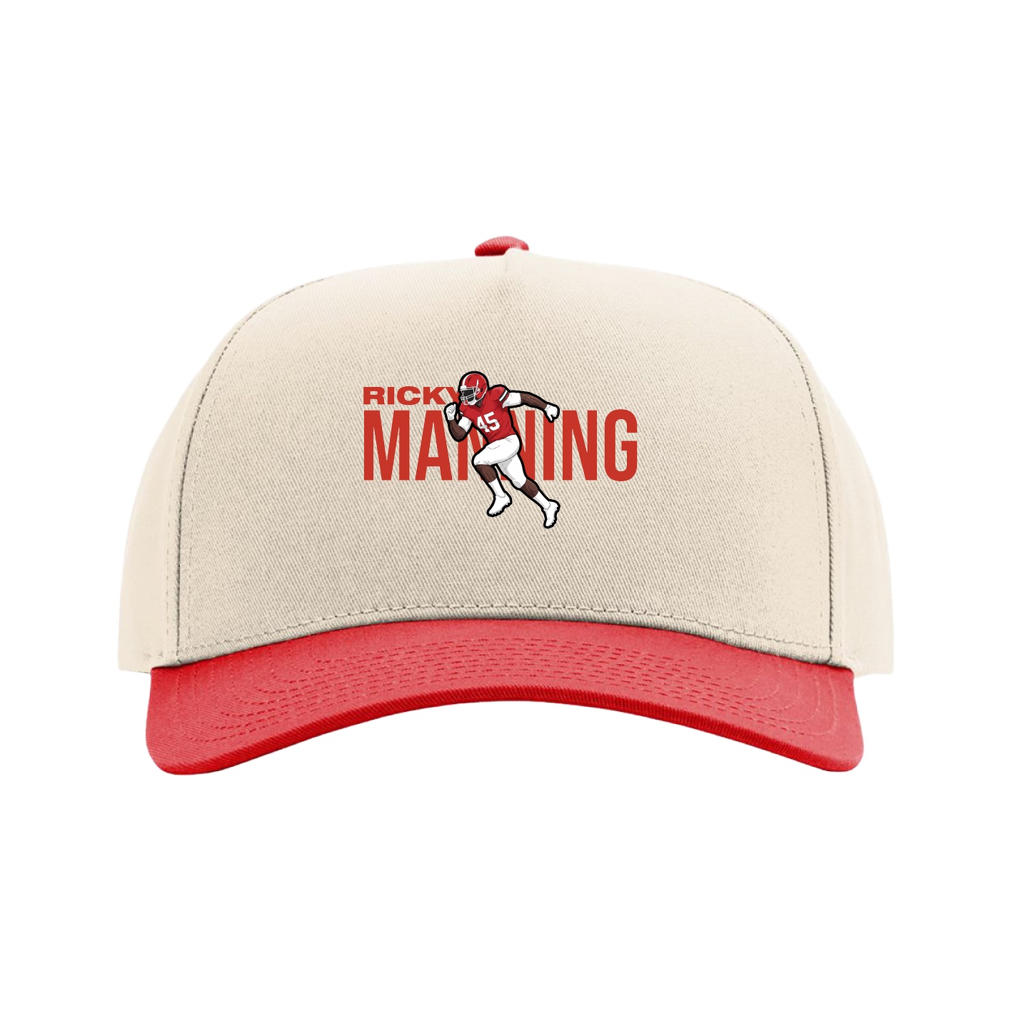 Full Fabric Five-Panel Champ Cap — Player Name in Cream/Red