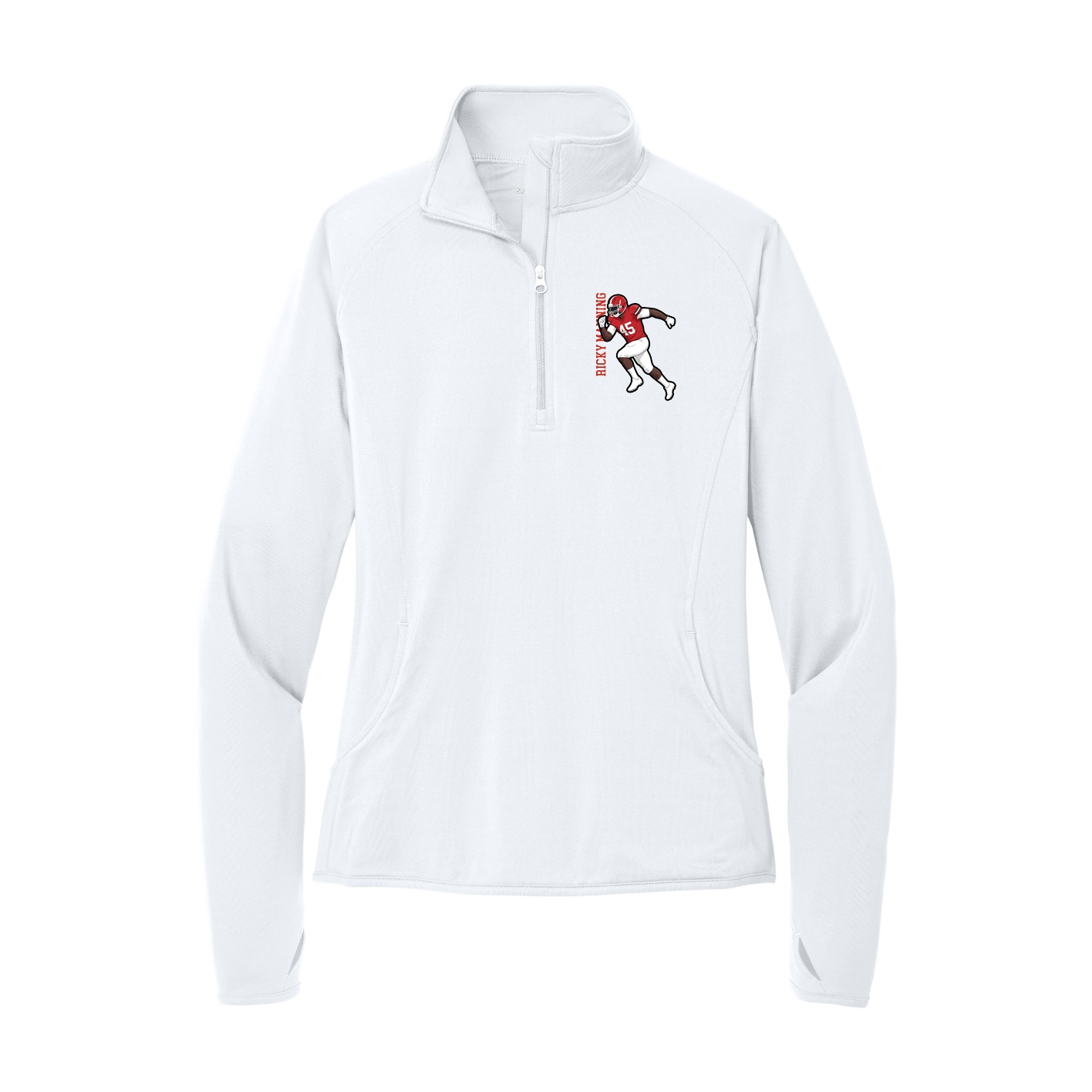Women's Q-Zip Pullover — Name Vertical in White