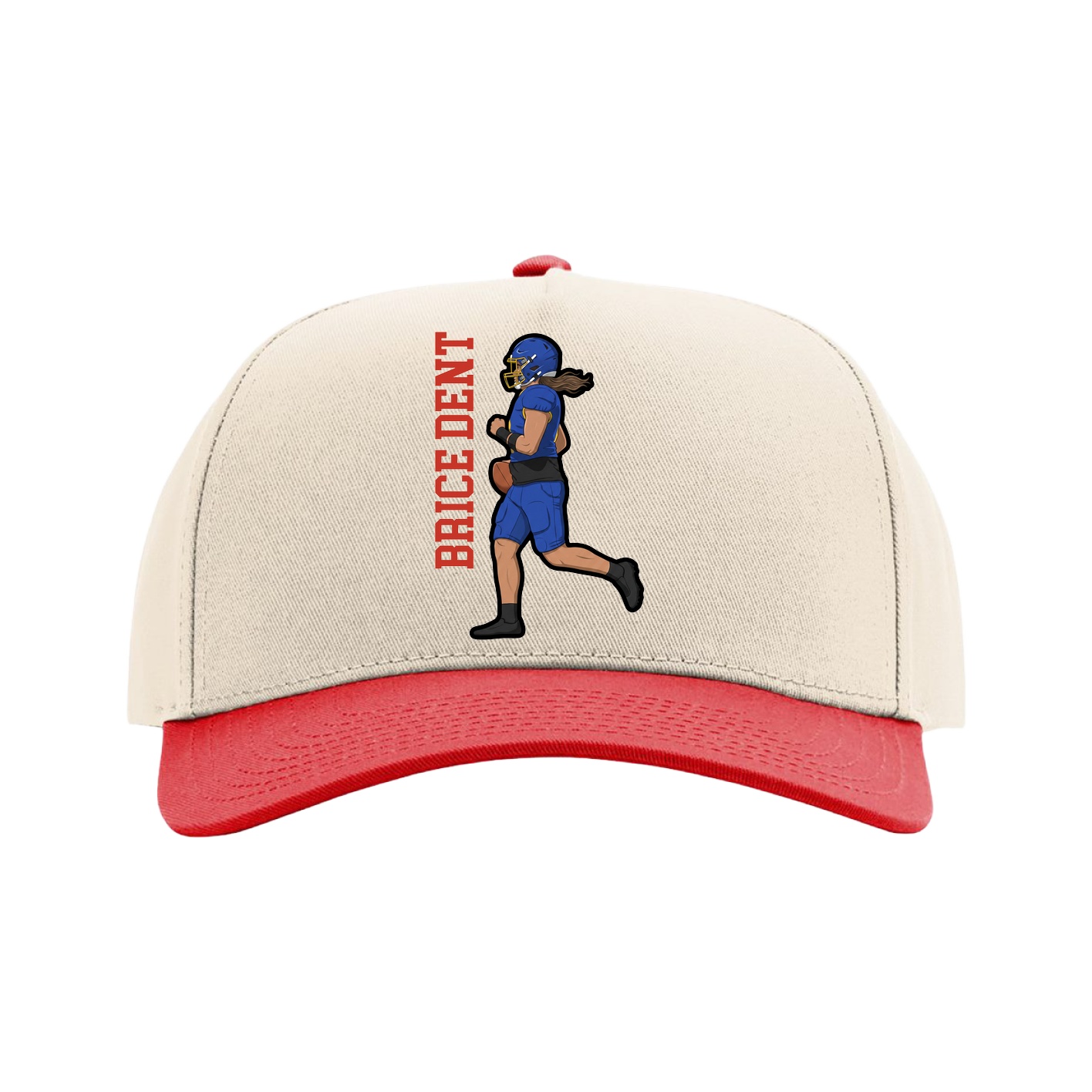 Full Fabric Five-Panel Champ Cap — Name Vertical in Cream/Red