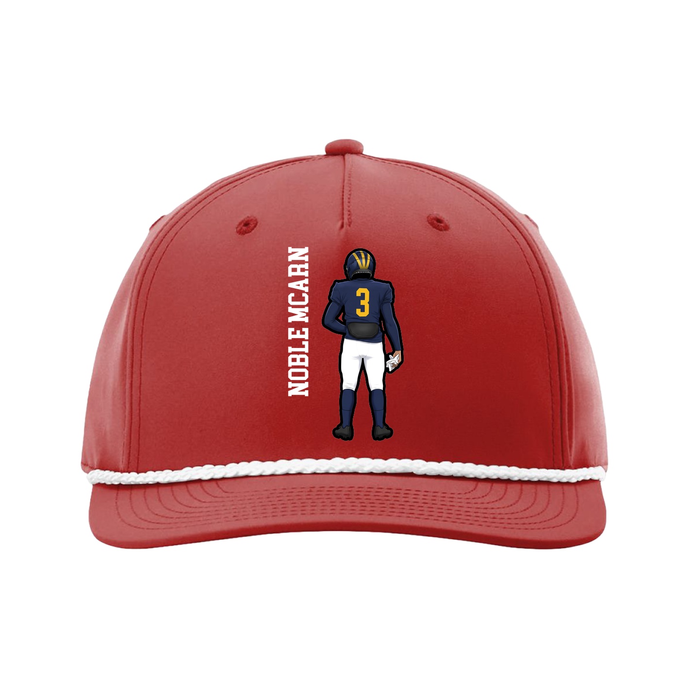 Five-Panel Classic Rope Cap — Name Vertical in Red