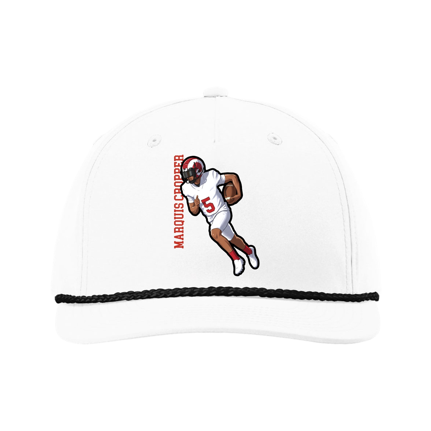 Five-Panel Classic Rope Cap — Name Vertical in White