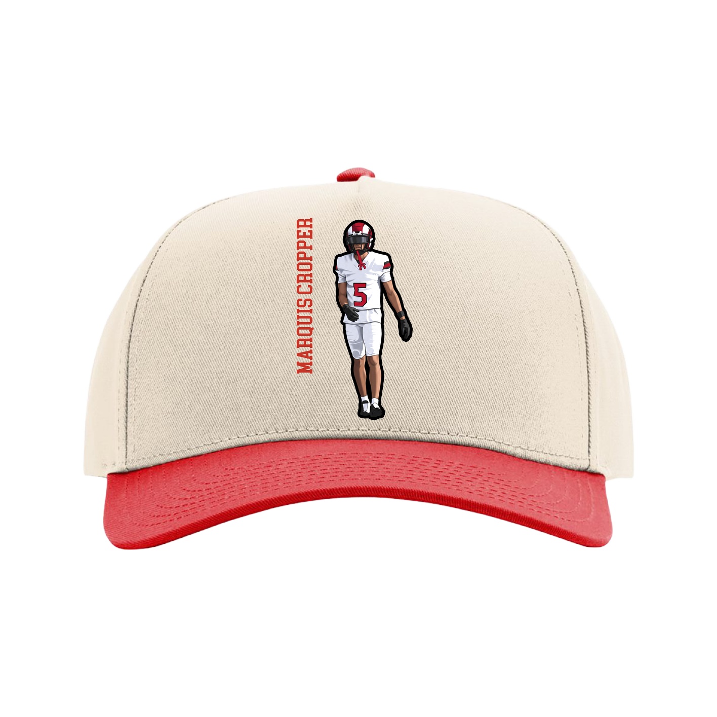 Full Fabric Five-Panel Champ Cap — Name Vertical in Cream/Red