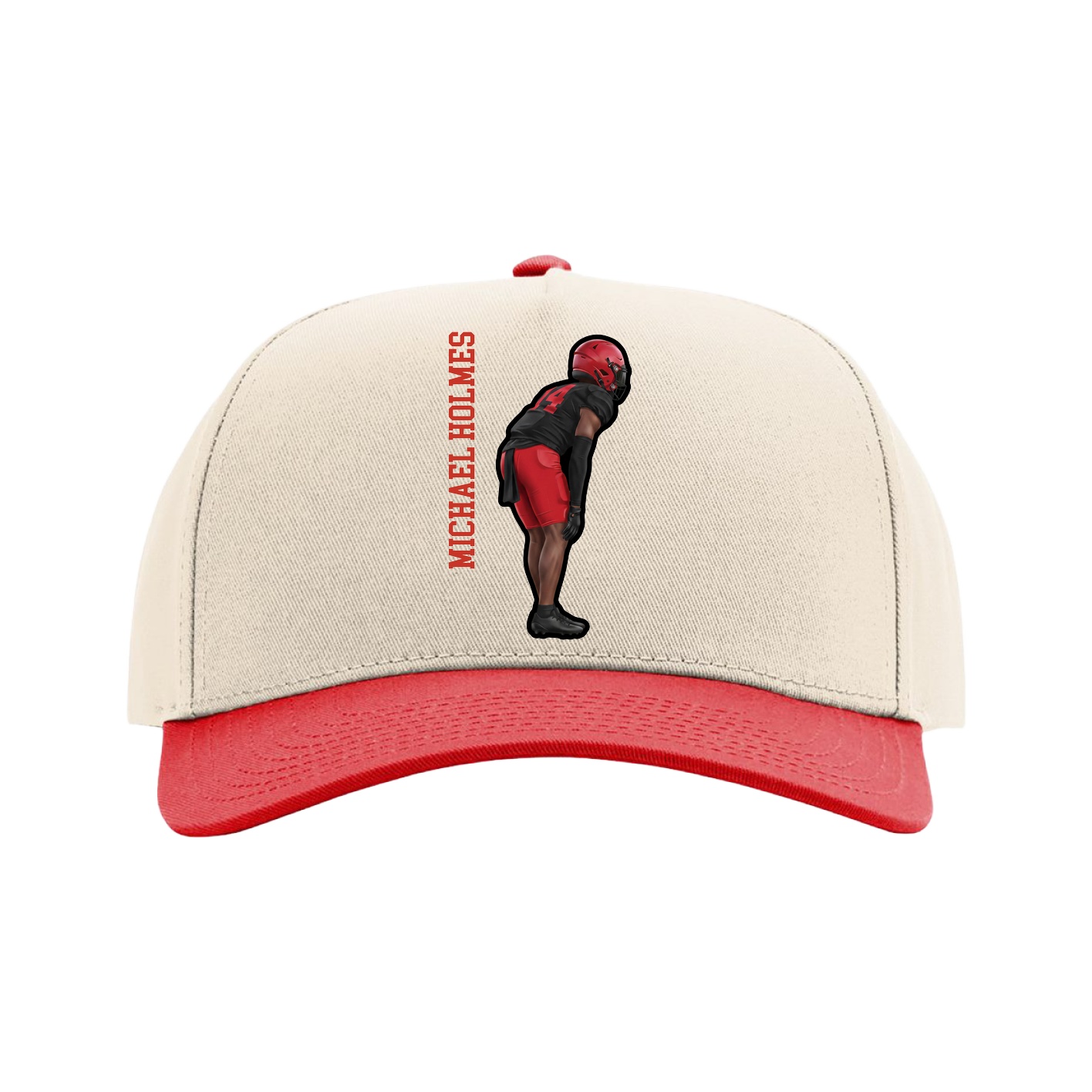Full Fabric Five-Panel Champ Cap — Name Vertical in Cream/Red