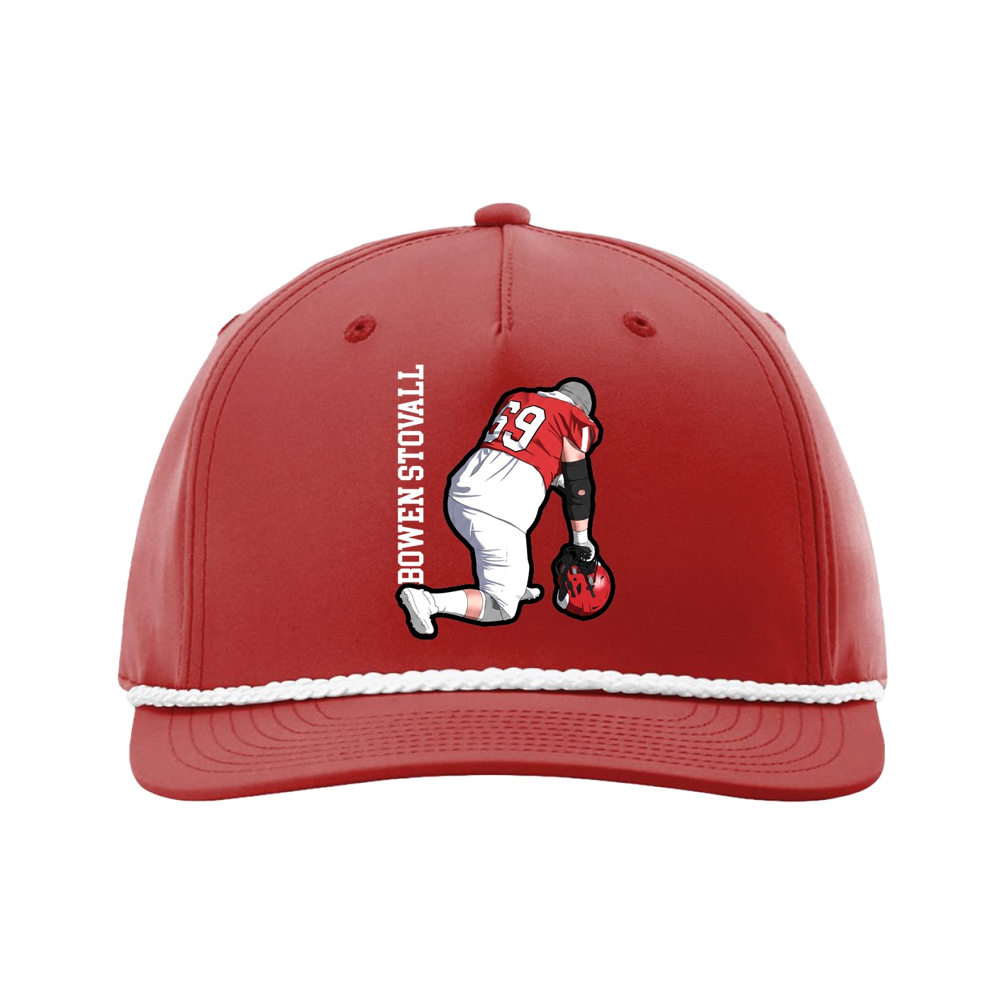 Five-Panel Classic Rope Cap — Name Vertical in Red