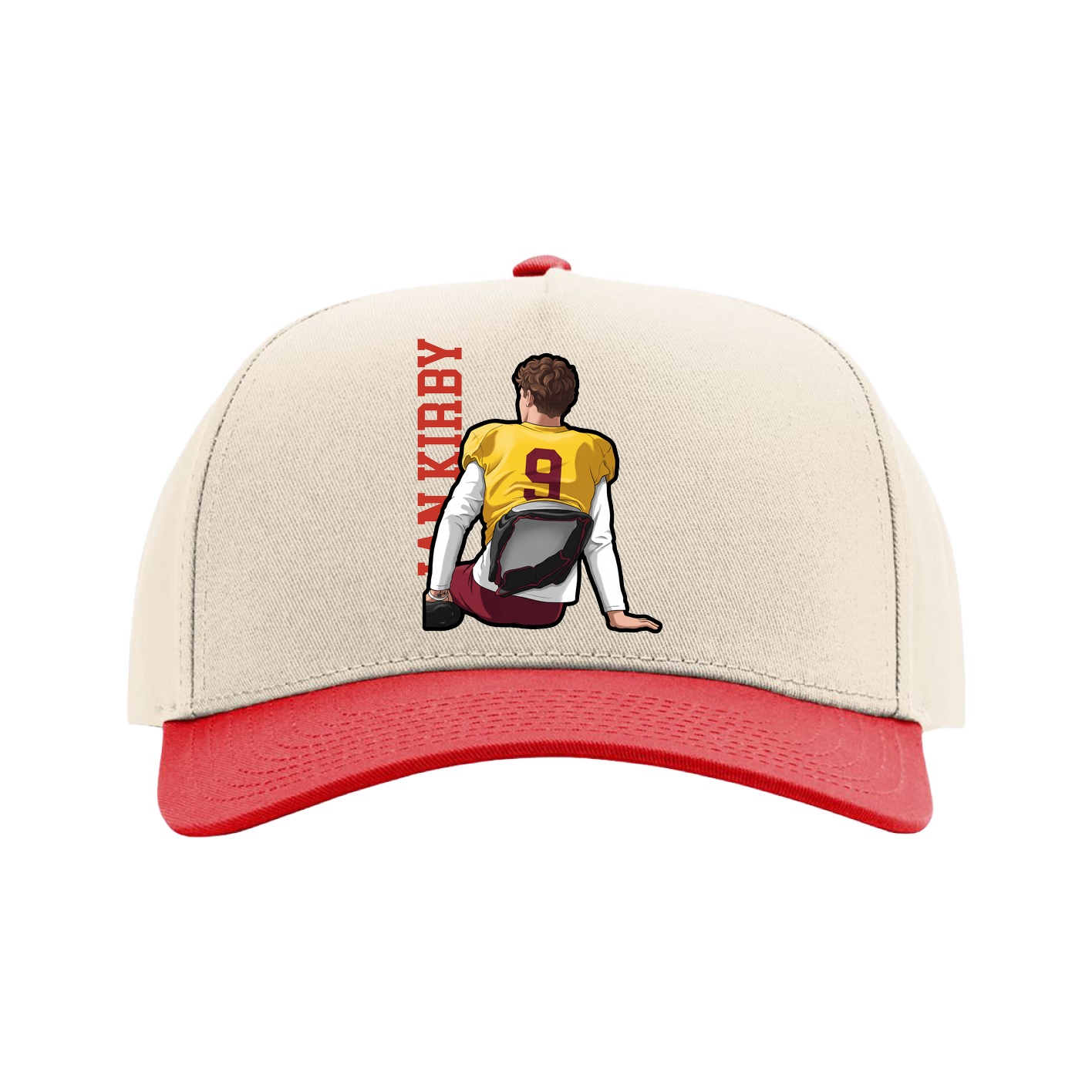 Full Fabric Five-Panel Champ Cap — Name Vertical in Cream/Red