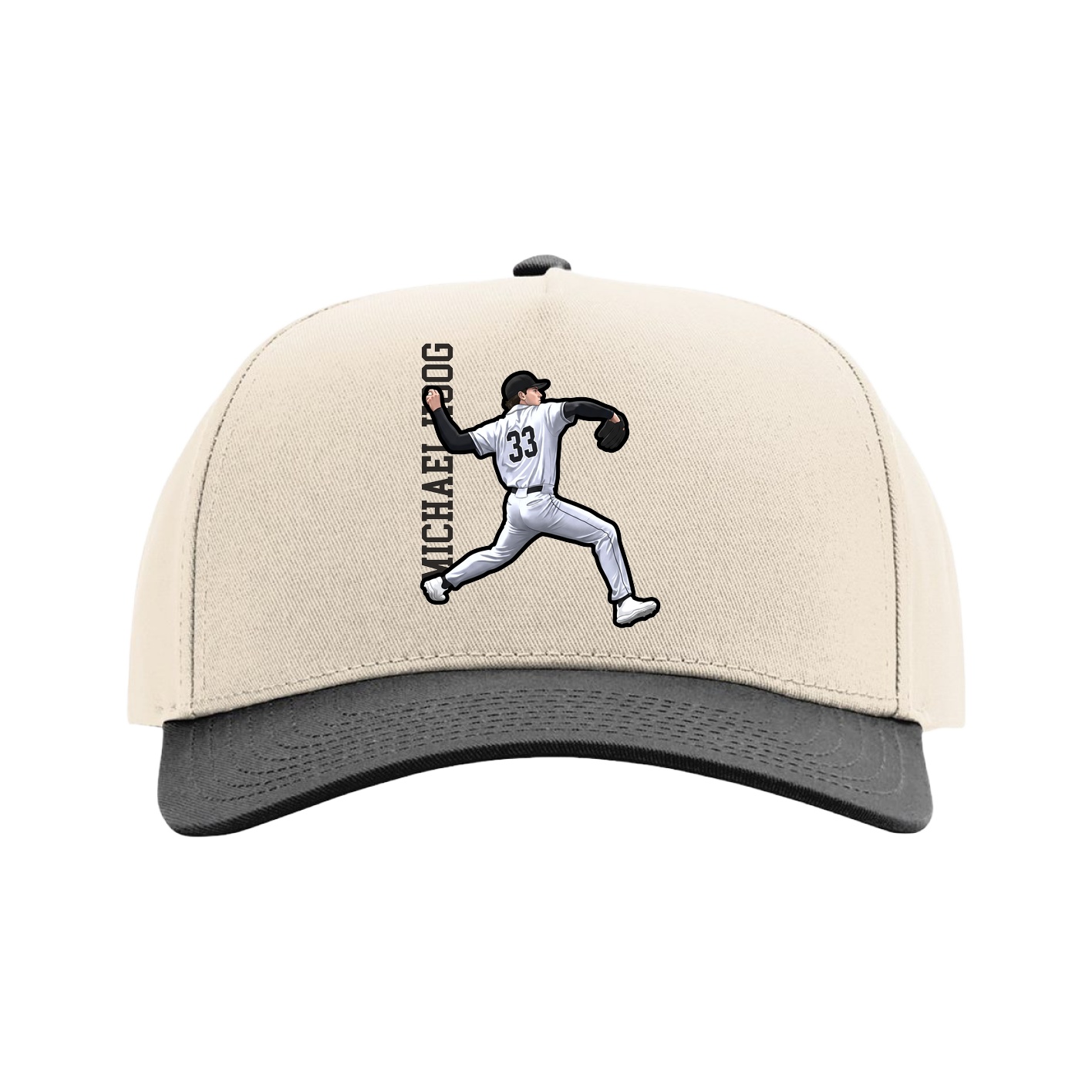 Full Fabric Five-Panel Champ Cap — Name Vertical in Cream/Black