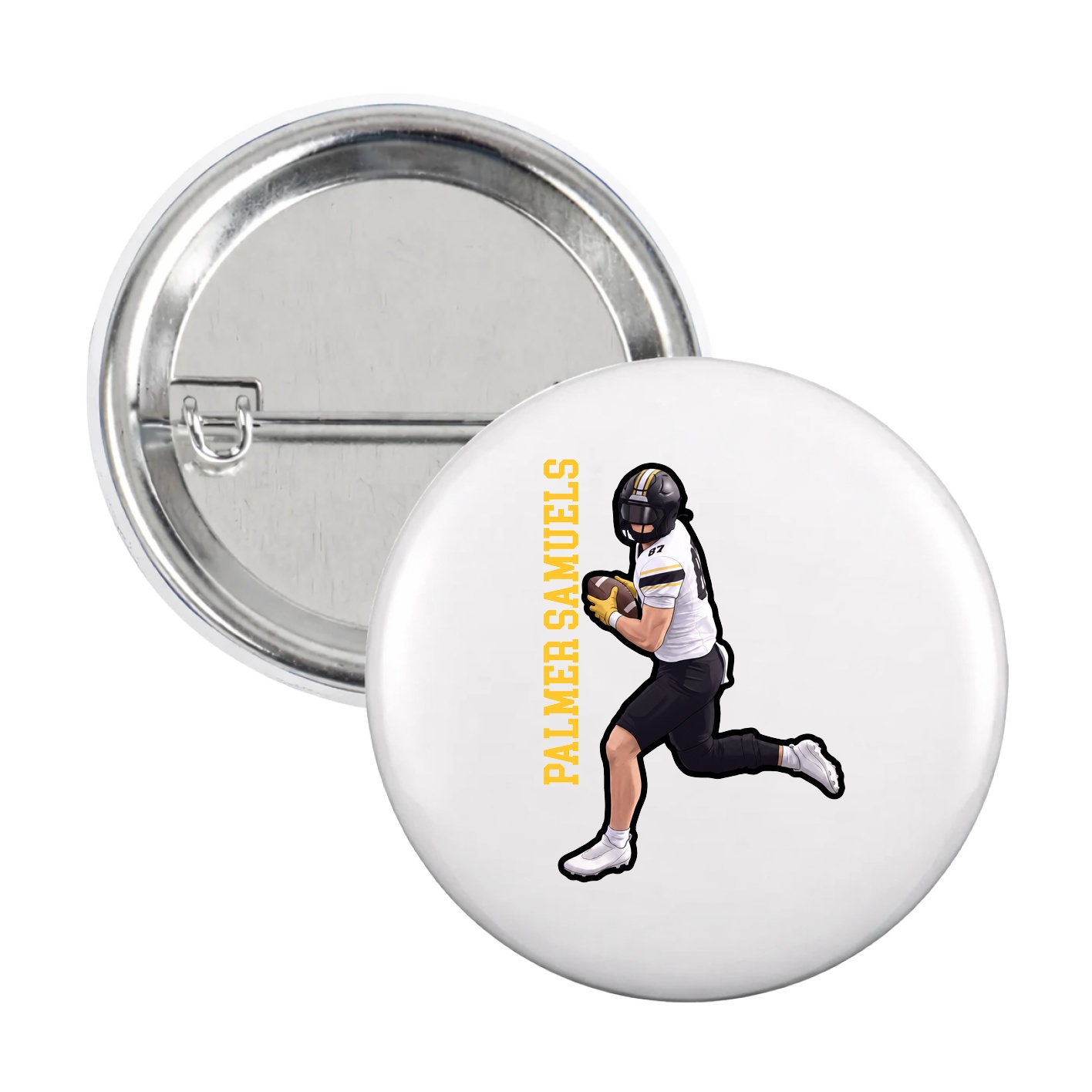 Game Day Button — Name Vertical in White