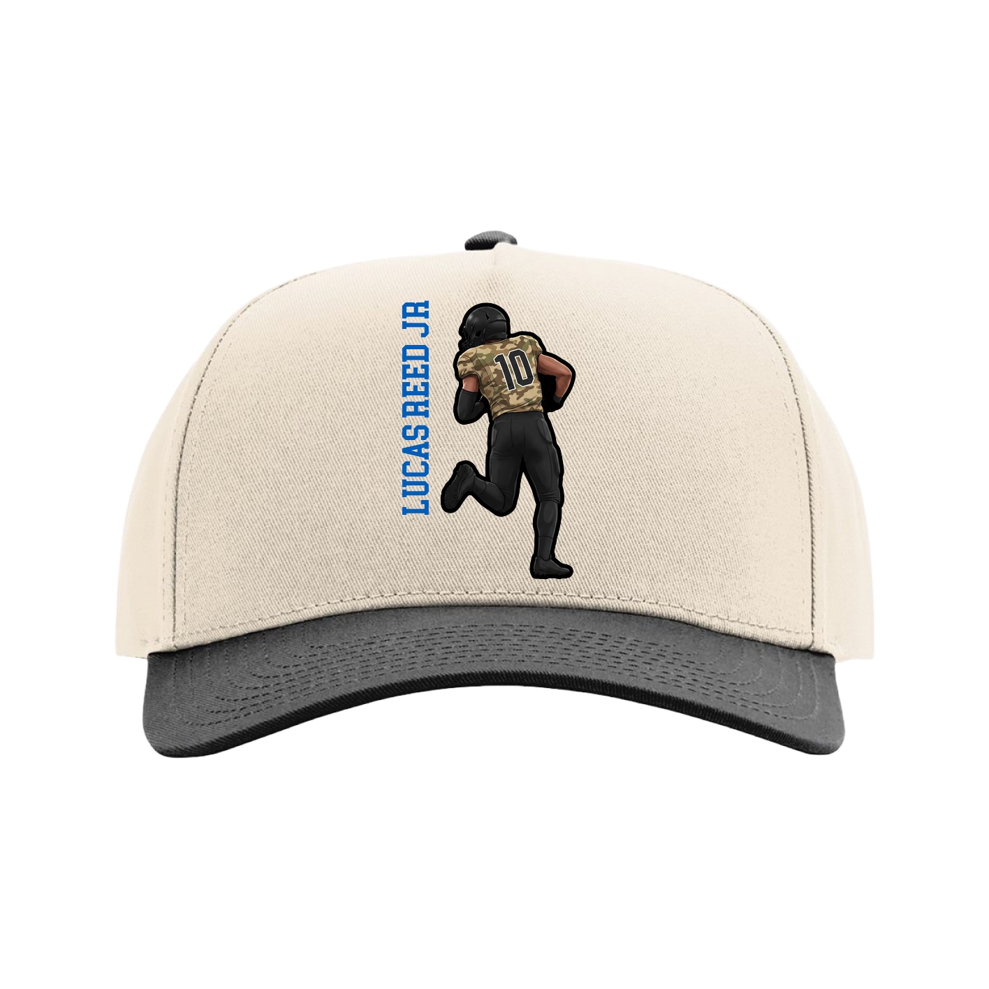 Full Fabric Five-Panel Champ Cap — Name Vertical in Cream/Black