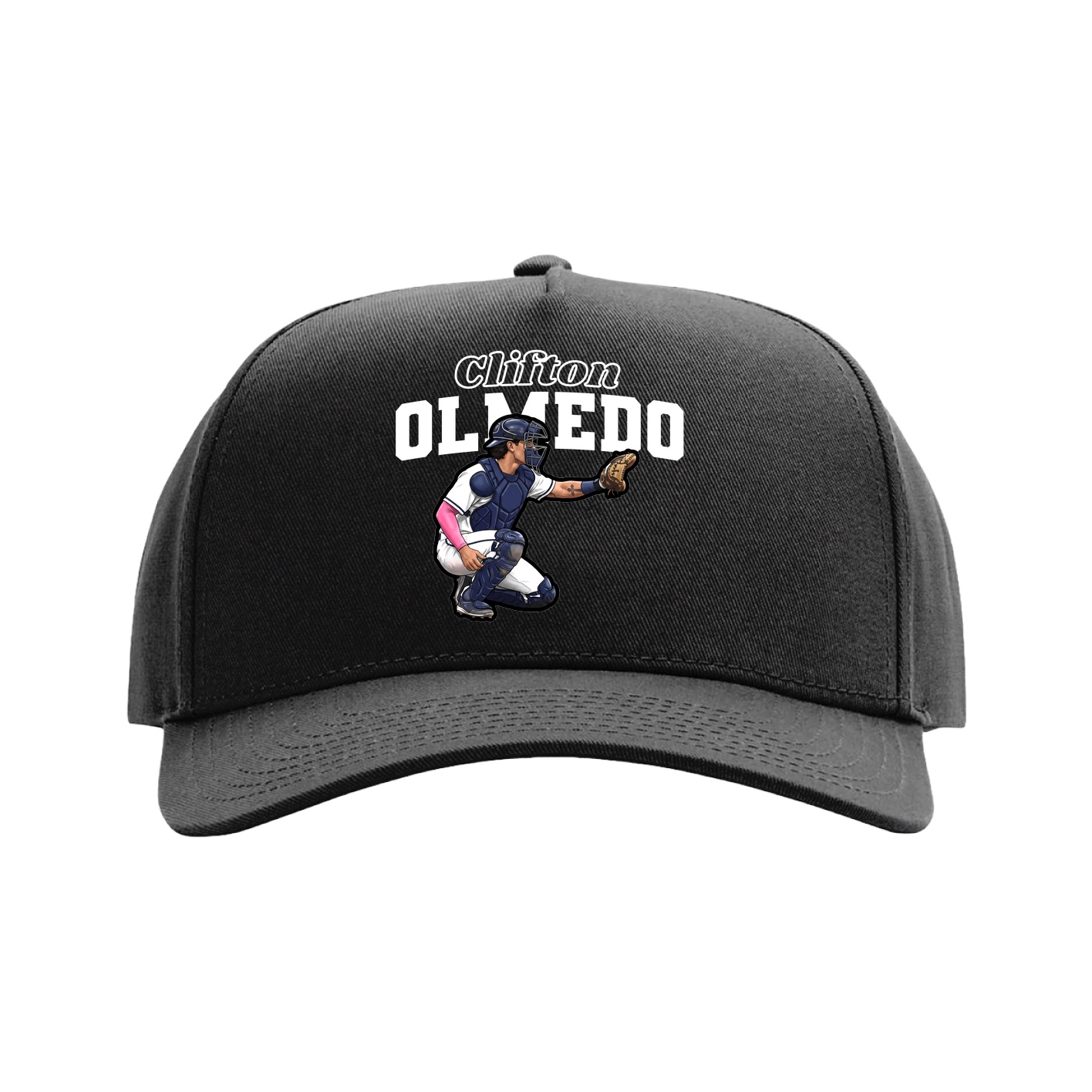 Full Fabric Five-Panel Champ Cap — Name Arch in Black