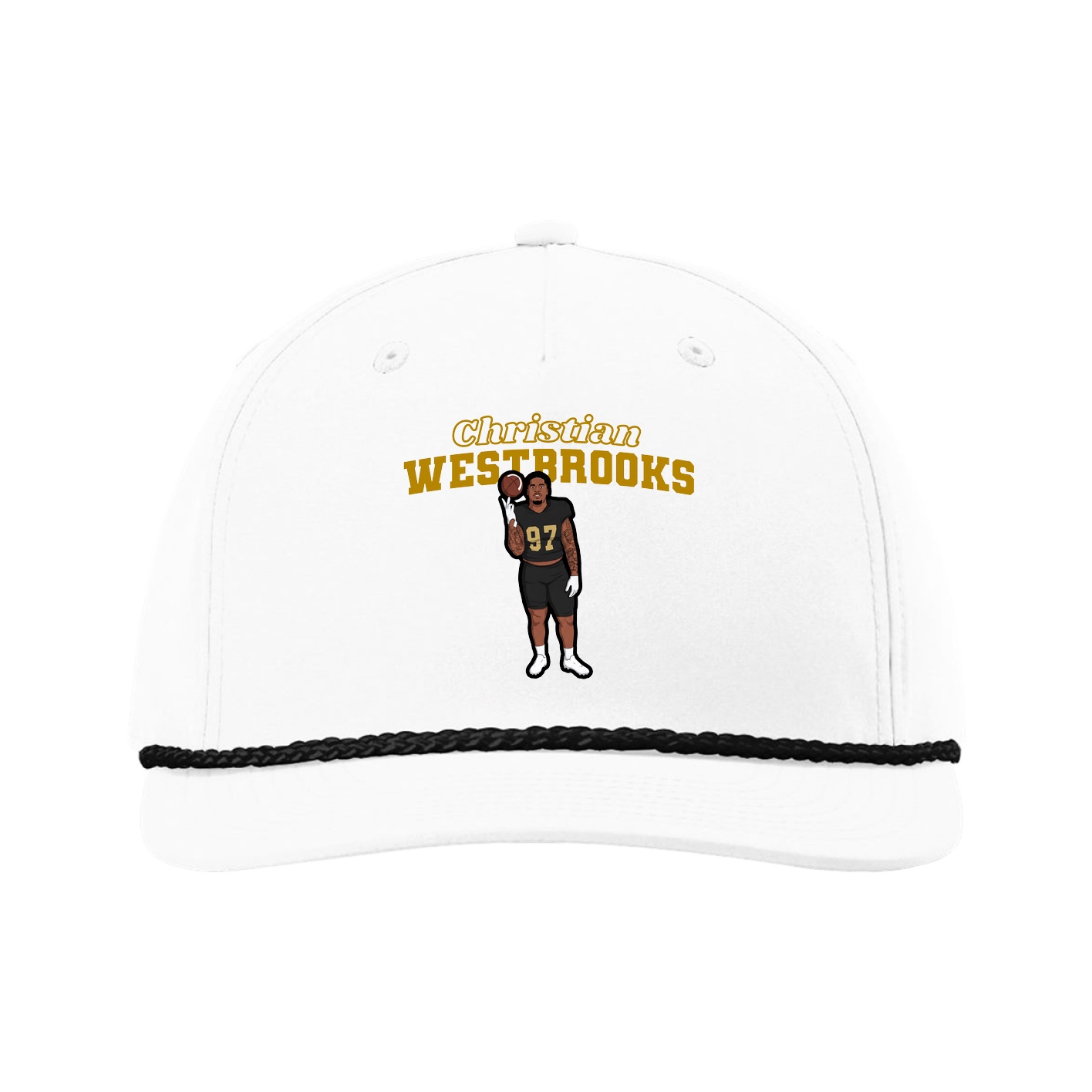 Five-Panel Classic Rope Cap — Name Arch in White