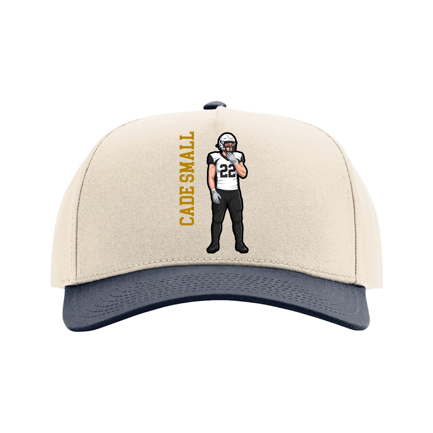 Full Fabric Five-Panel Champ Cap — Name Vertical in Cream/Navy