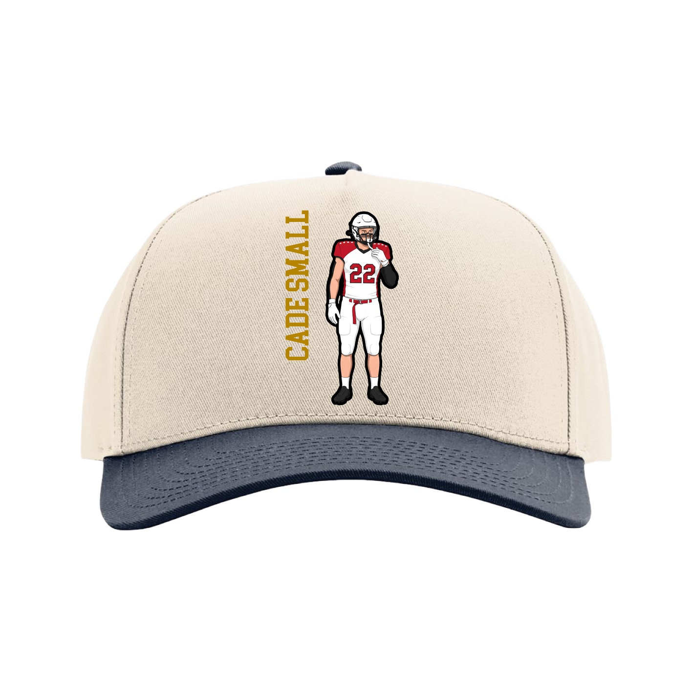 Full Fabric Five-Panel Champ Cap — Name Vertical in Cream/Navy