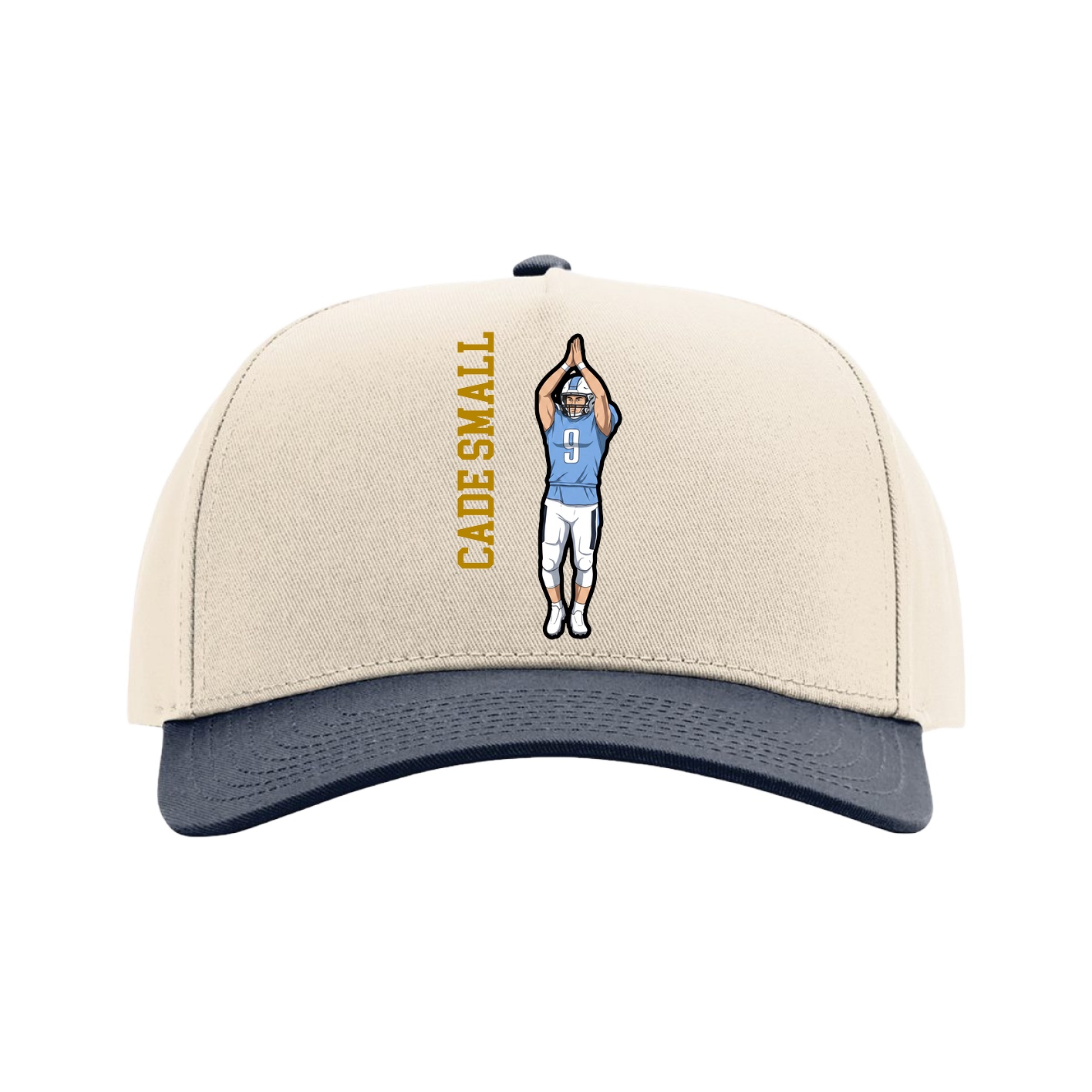 Full Fabric Five-Panel Champ Cap — Name Vertical in Cream/Navy