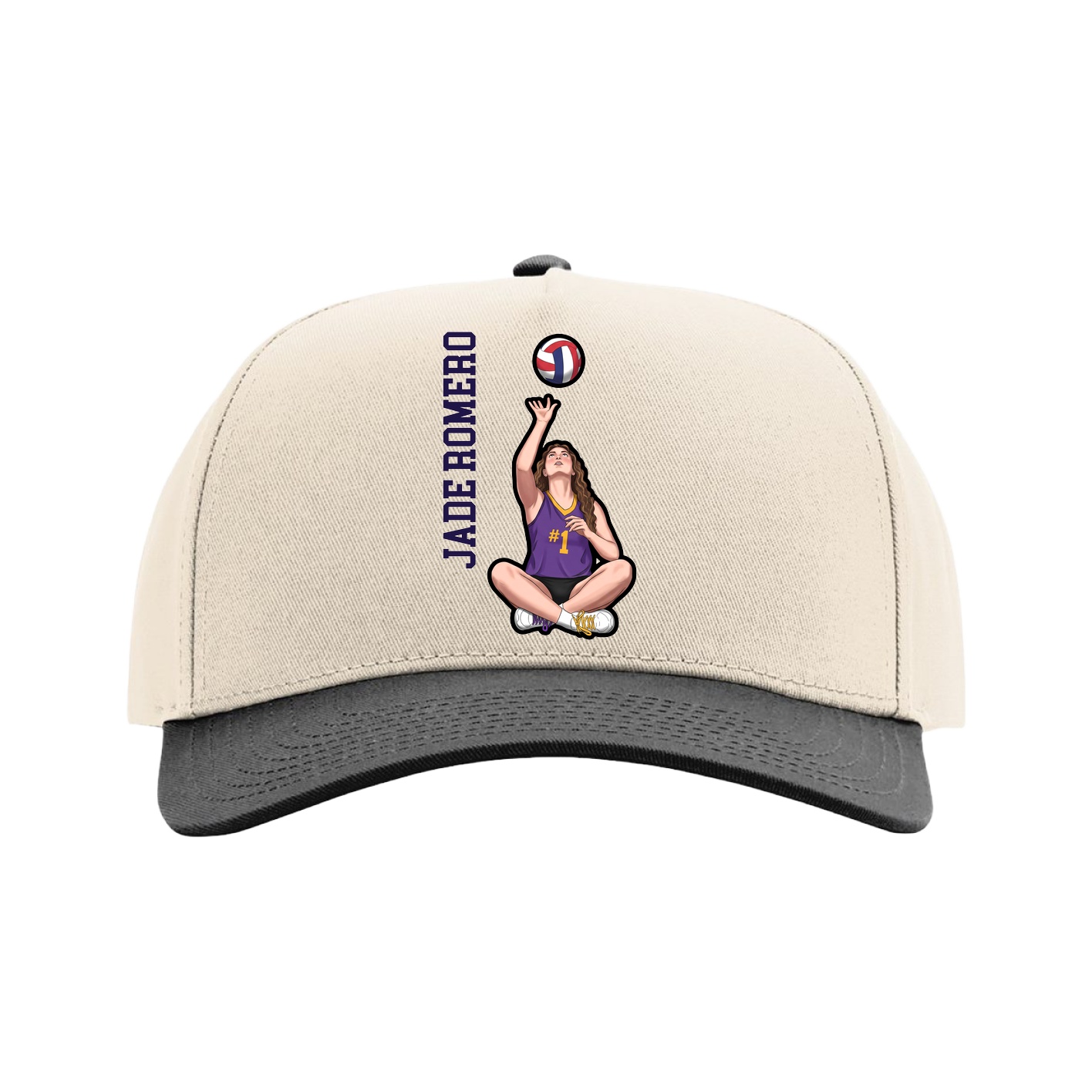 Full Fabric Five-Panel Champ Cap — Name Vertical in Cream/Black