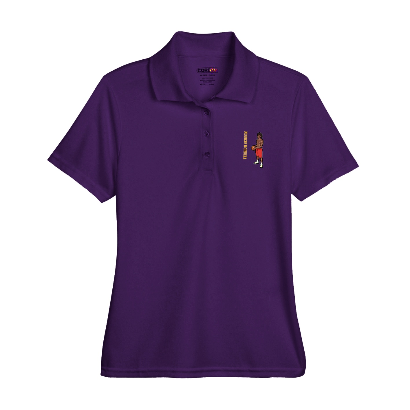 Womens Performance Polo — Name Vertical in Purple