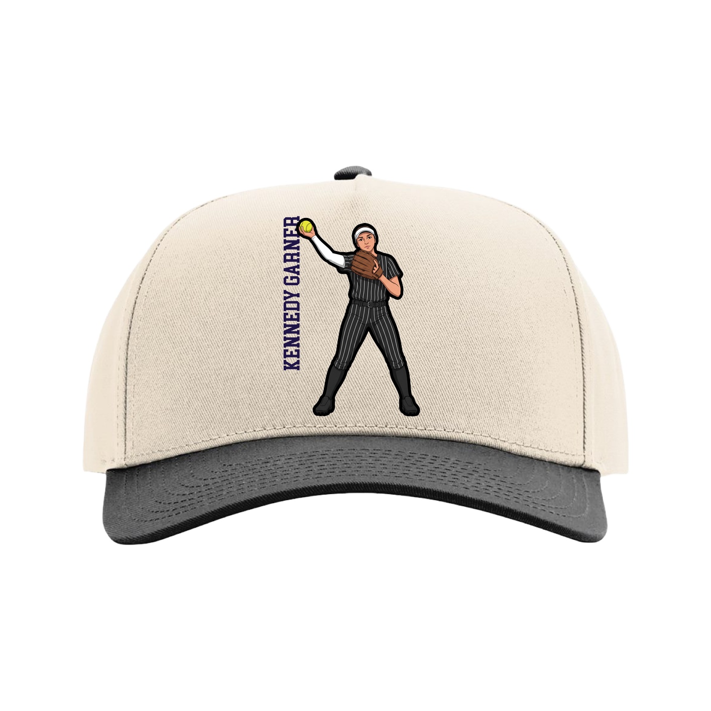 Full Fabric Five-Panel Champ Cap — Name Vertical in Cream/Black