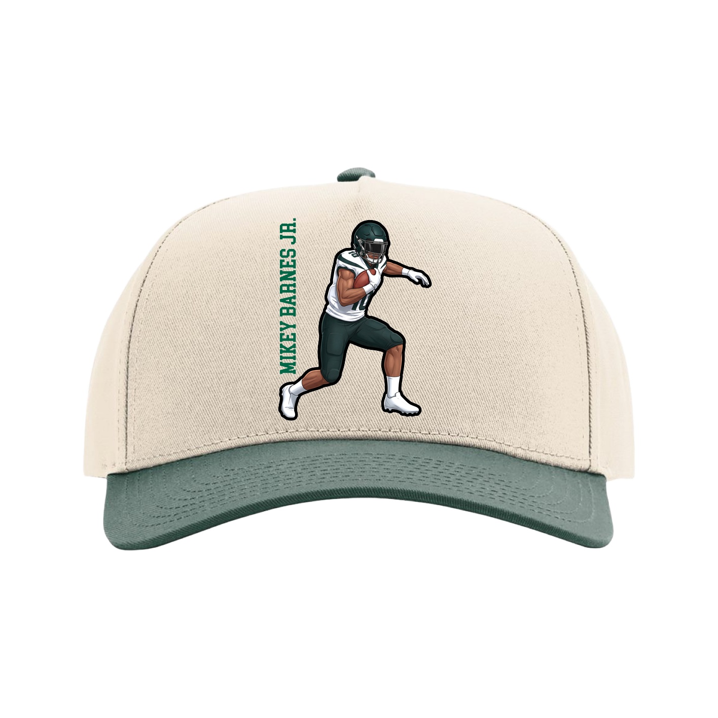 Full Fabric Five-Panel Champ Cap — Name Vertical in Cream/Green