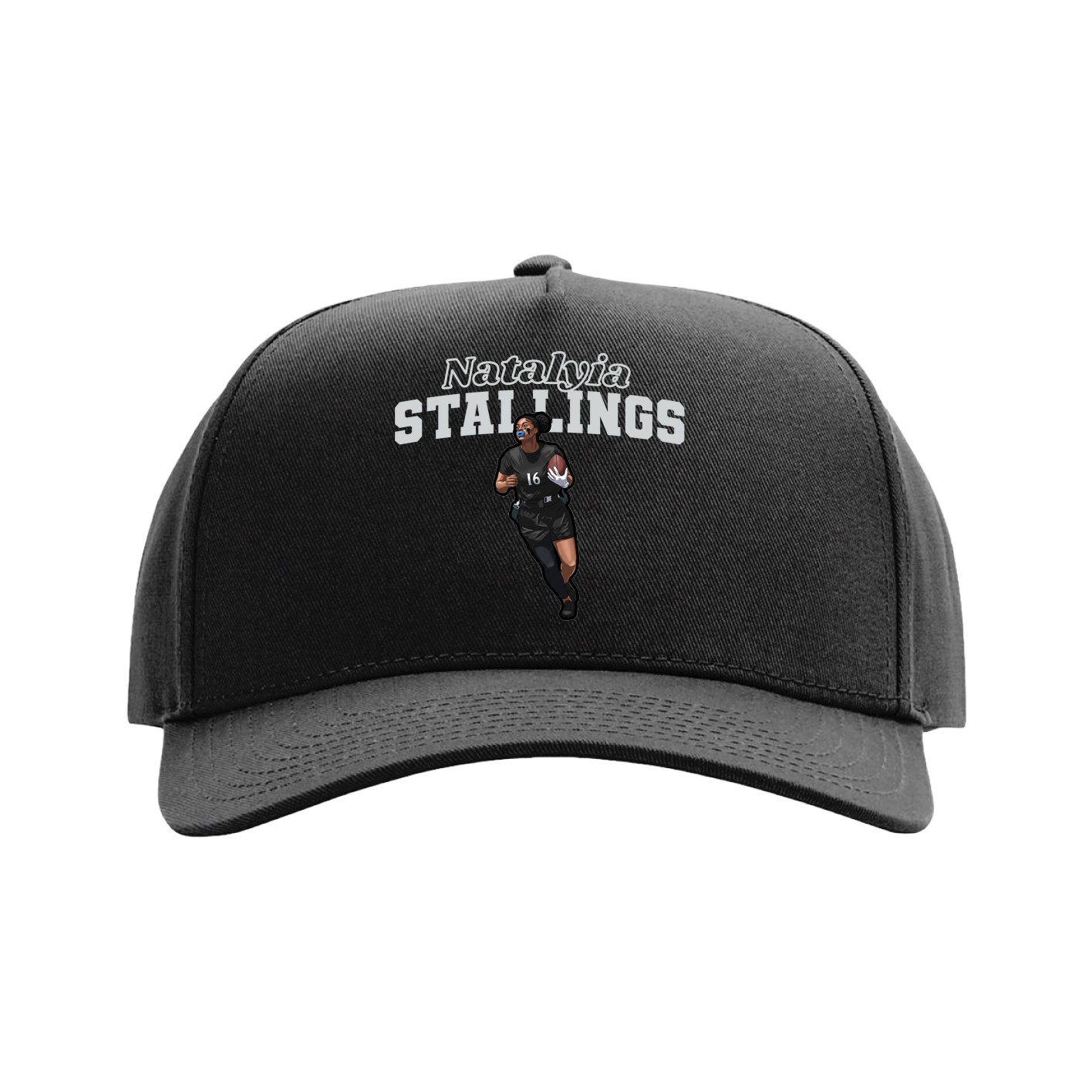 Full Fabric Five-Panel Champ Cap — Name Arch in Black