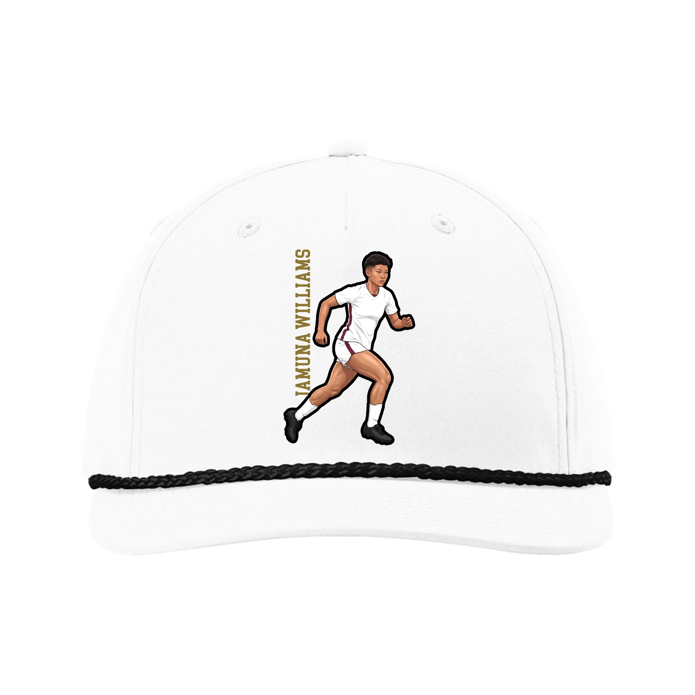 Five-Panel Classic Rope Cap — Name Vertical in White
