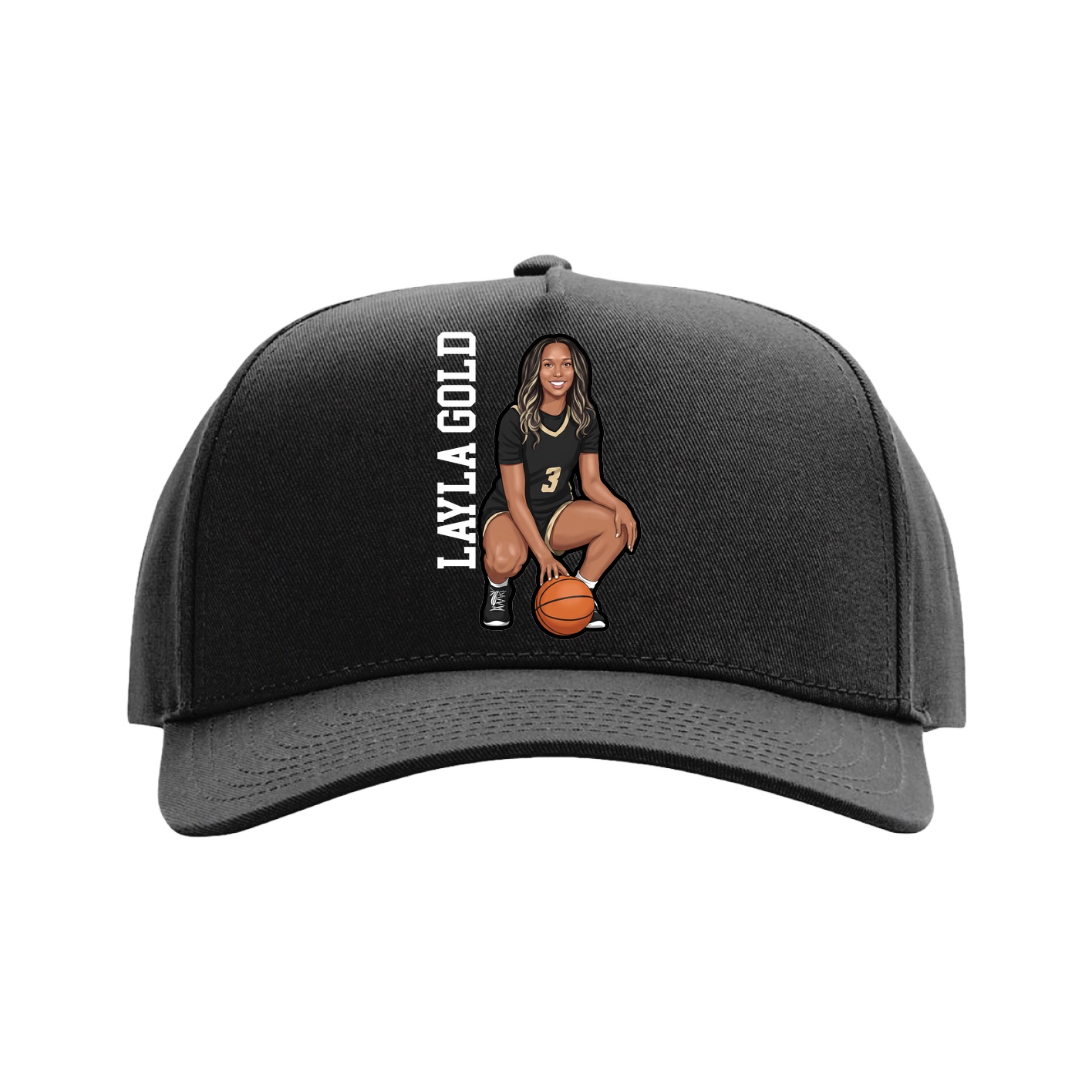 Full Fabric Five-Panel Champ Cap — Name Vertical in Black