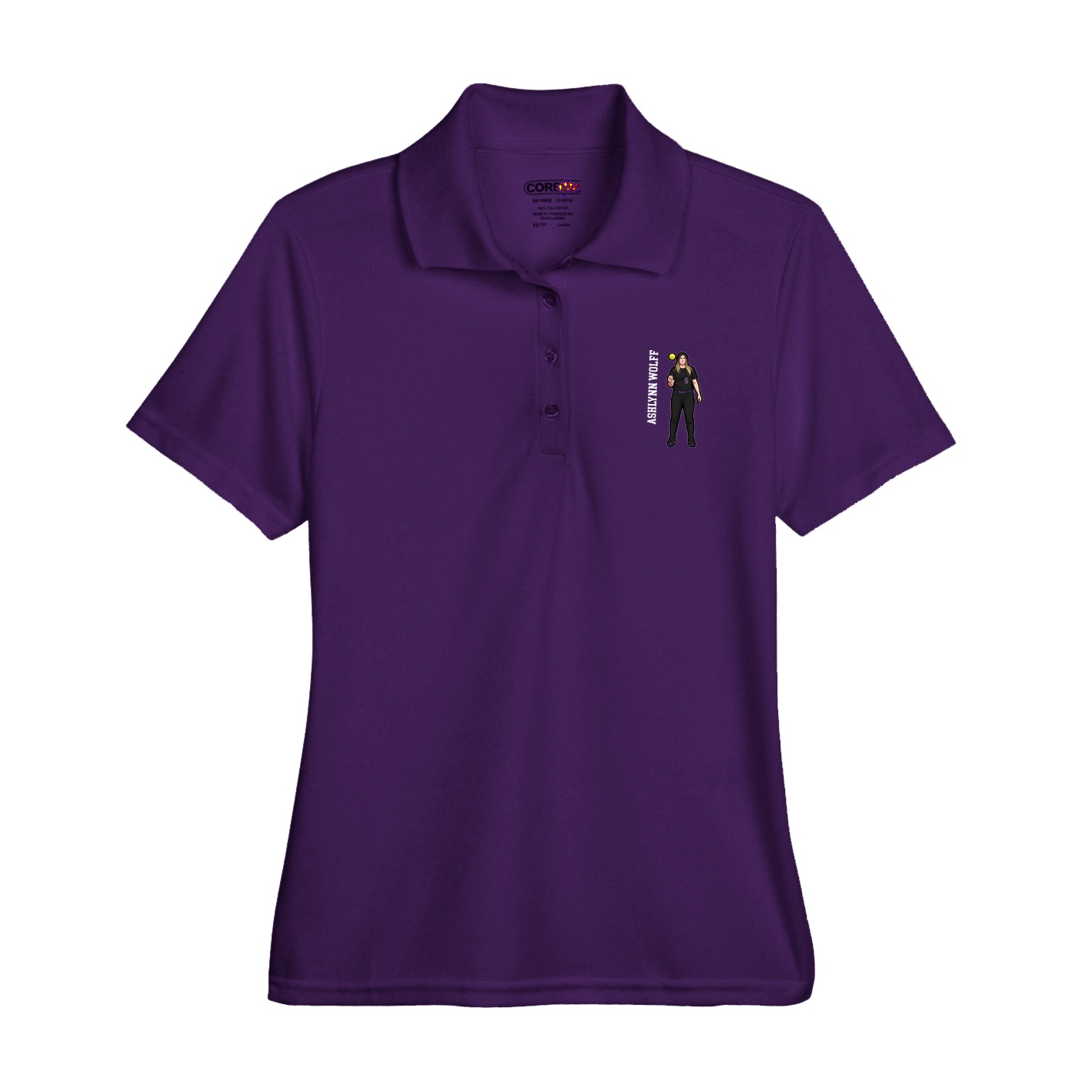 Womens Performance Polo — Name Vertical in Purple
