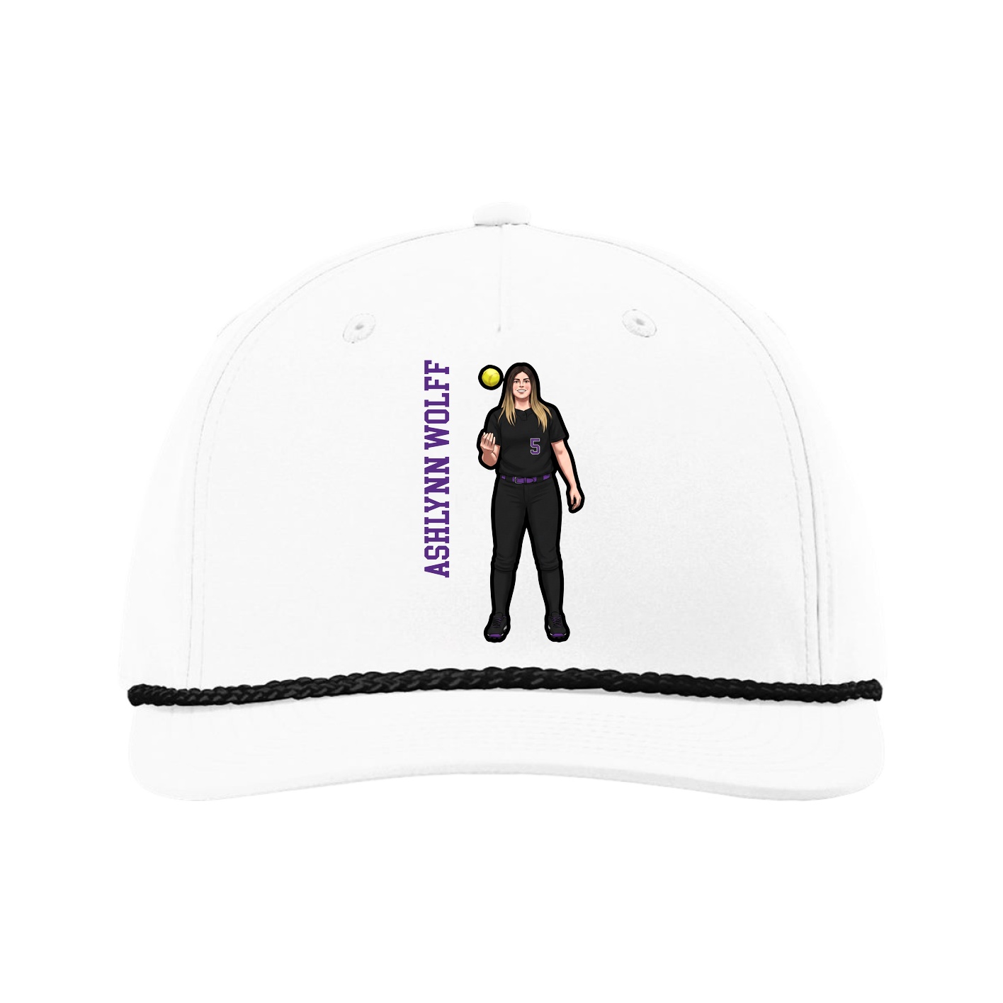 Five-Panel Classic Rope Cap — Name Vertical in White