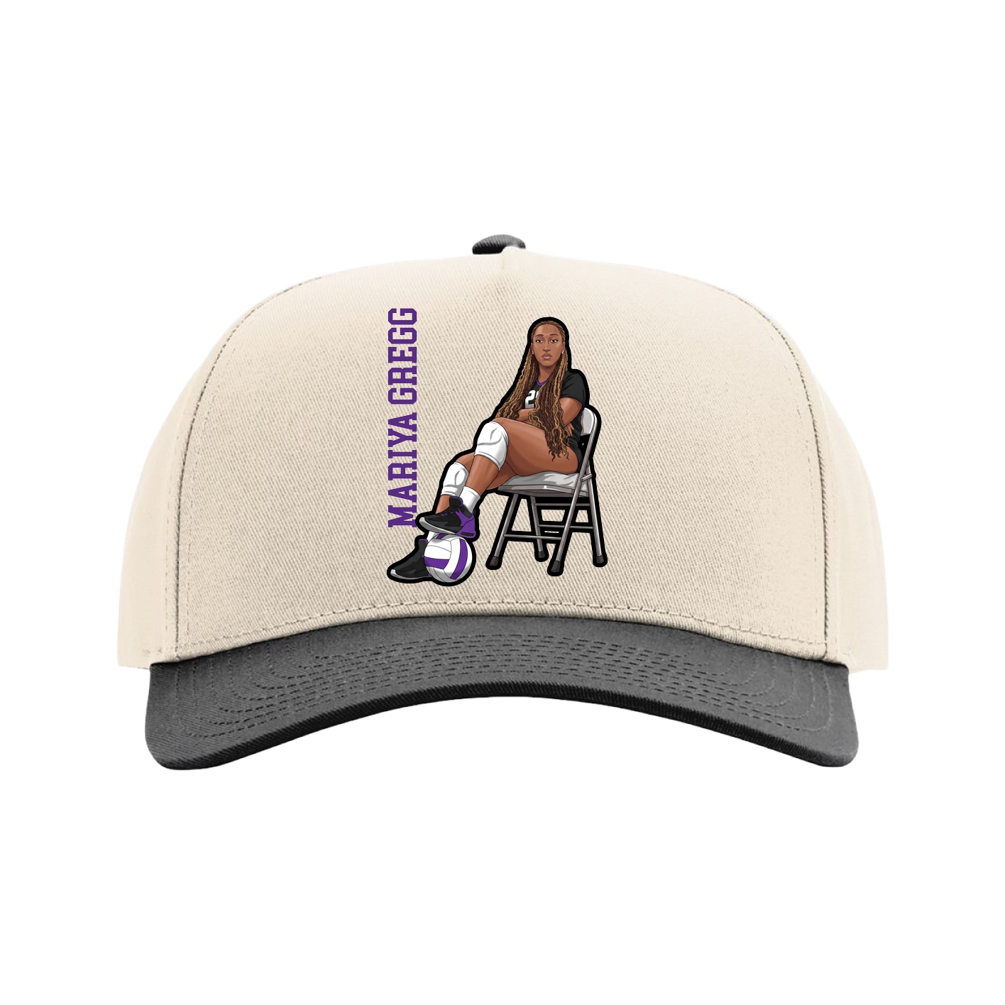 Full Fabric Five-Panel Champ Cap — Name Vertical in Cream/Black