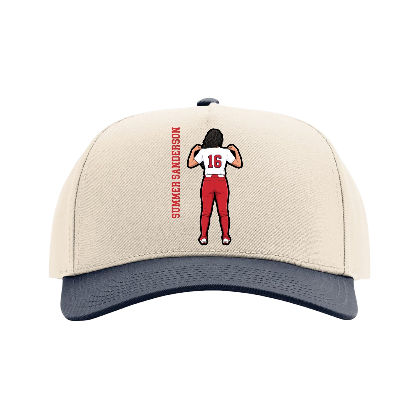 Full Fabric Five-Panel Champ Cap — Name Vertical in Cream/Navy