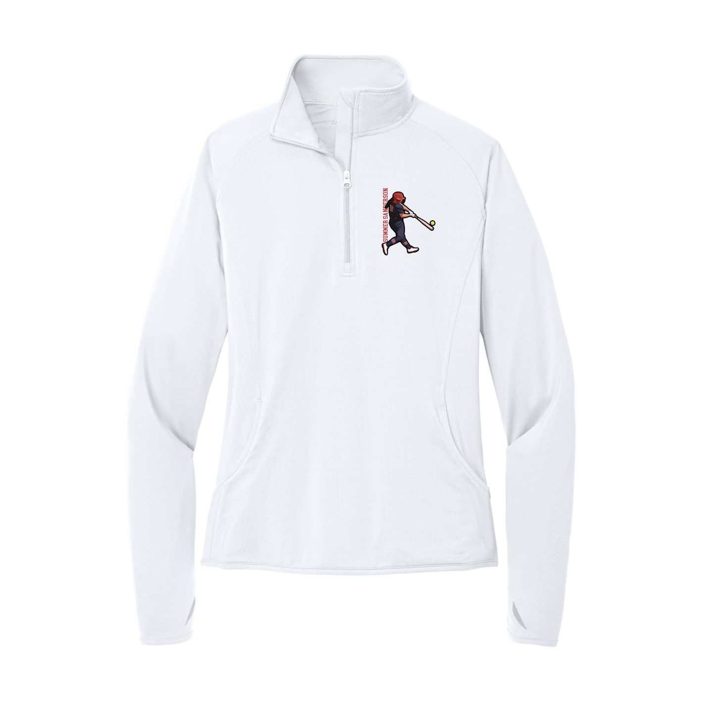 Women's Q-Zip Pullover — Name Vertical in White