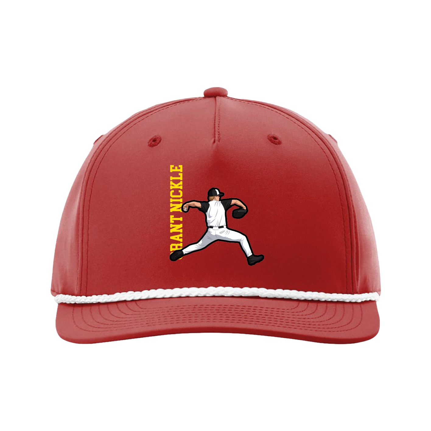 Five-Panel Classic Rope Cap — Name Vertical in Red
