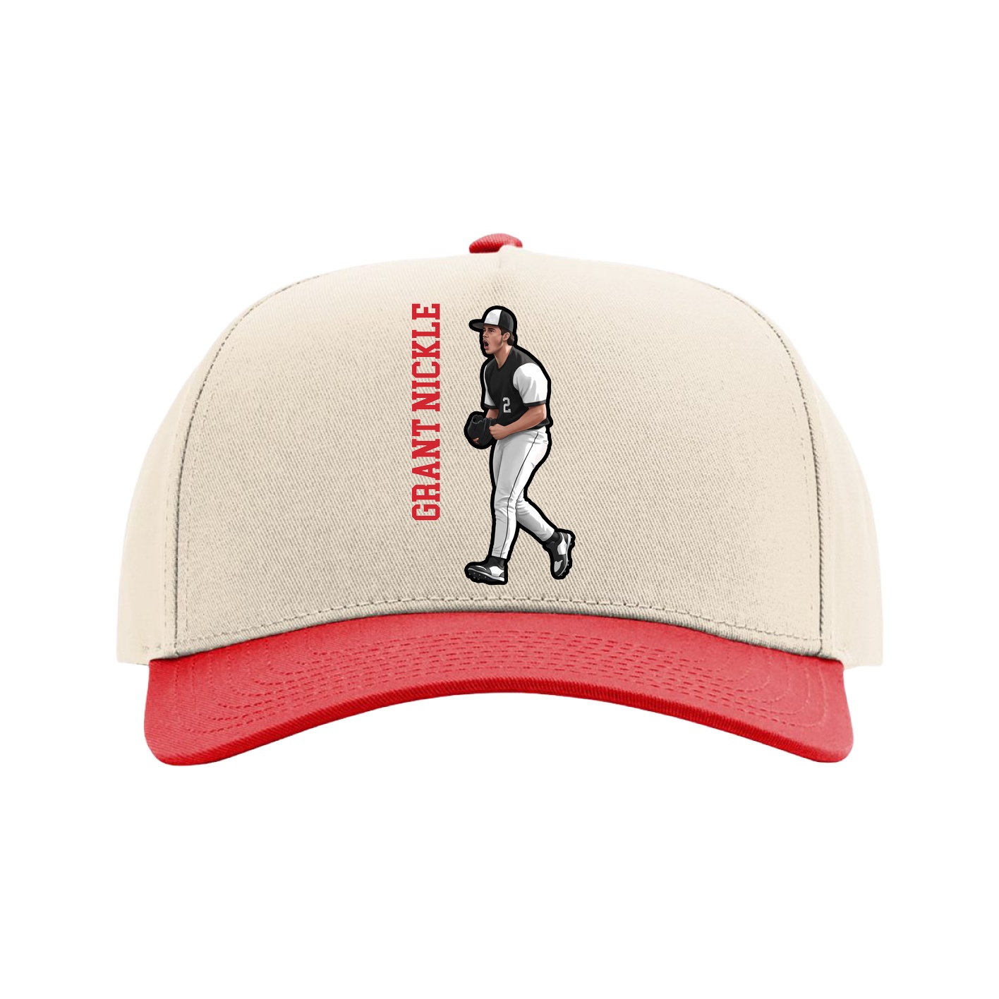Full Fabric Five-Panel Champ Cap — Name Vertical in Cream/Red