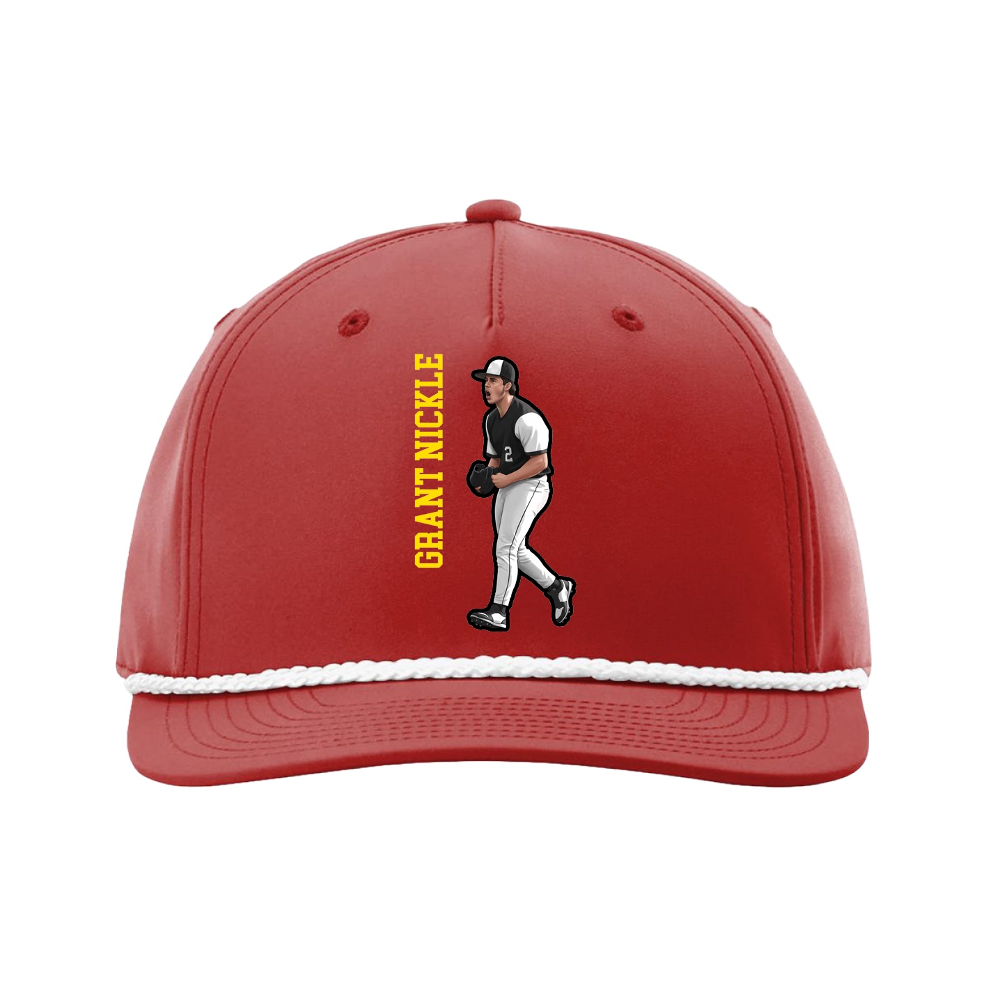 Five-Panel Classic Rope Cap — Name Vertical in Red