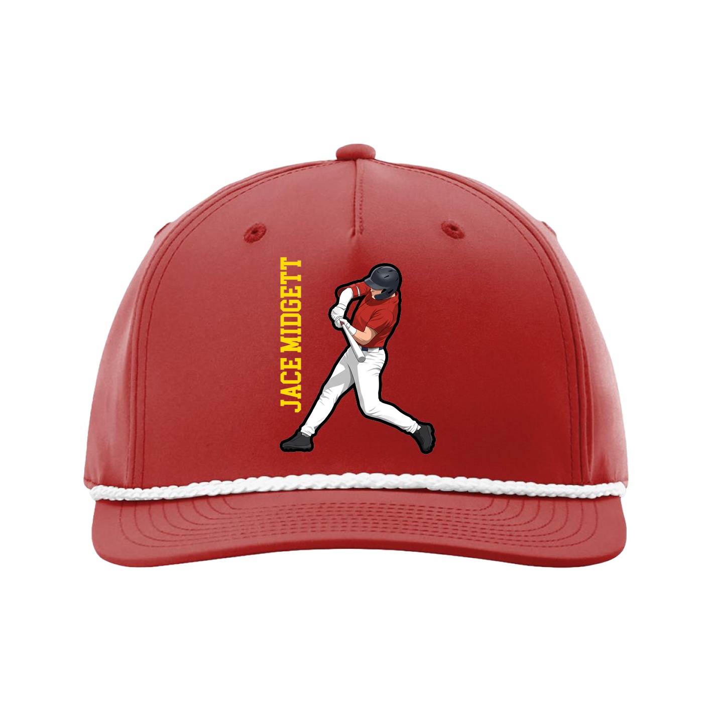 Five-Panel Classic Rope Cap — Name Vertical in Red
