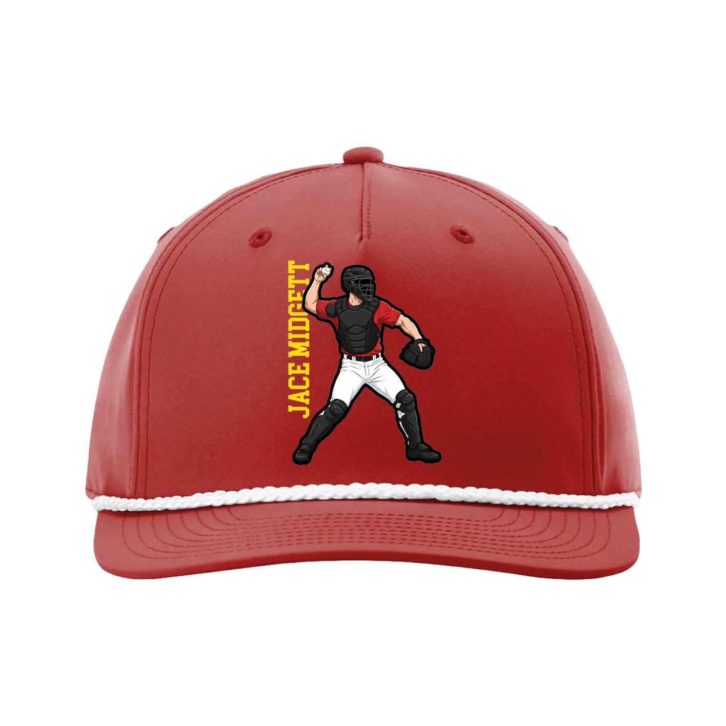 Five-Panel Classic Rope Cap — Name Vertical in Red