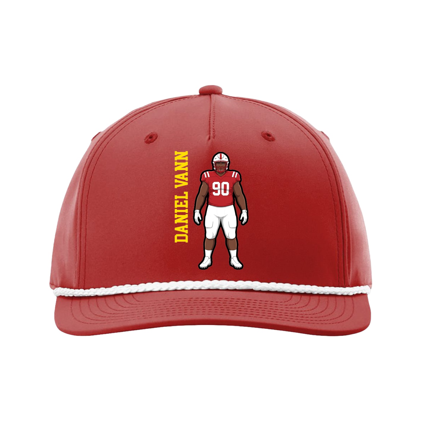Five-Panel Classic Rope Cap — Name Vertical in Red