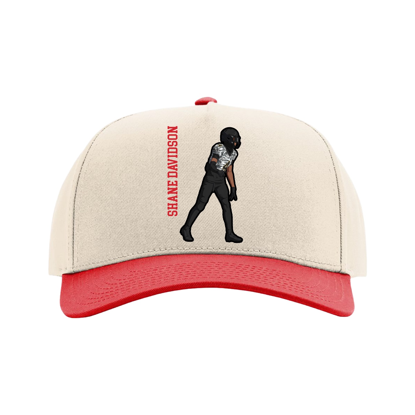 Full Fabric Five-Panel Champ Cap — Name Vertical in Cream/Red