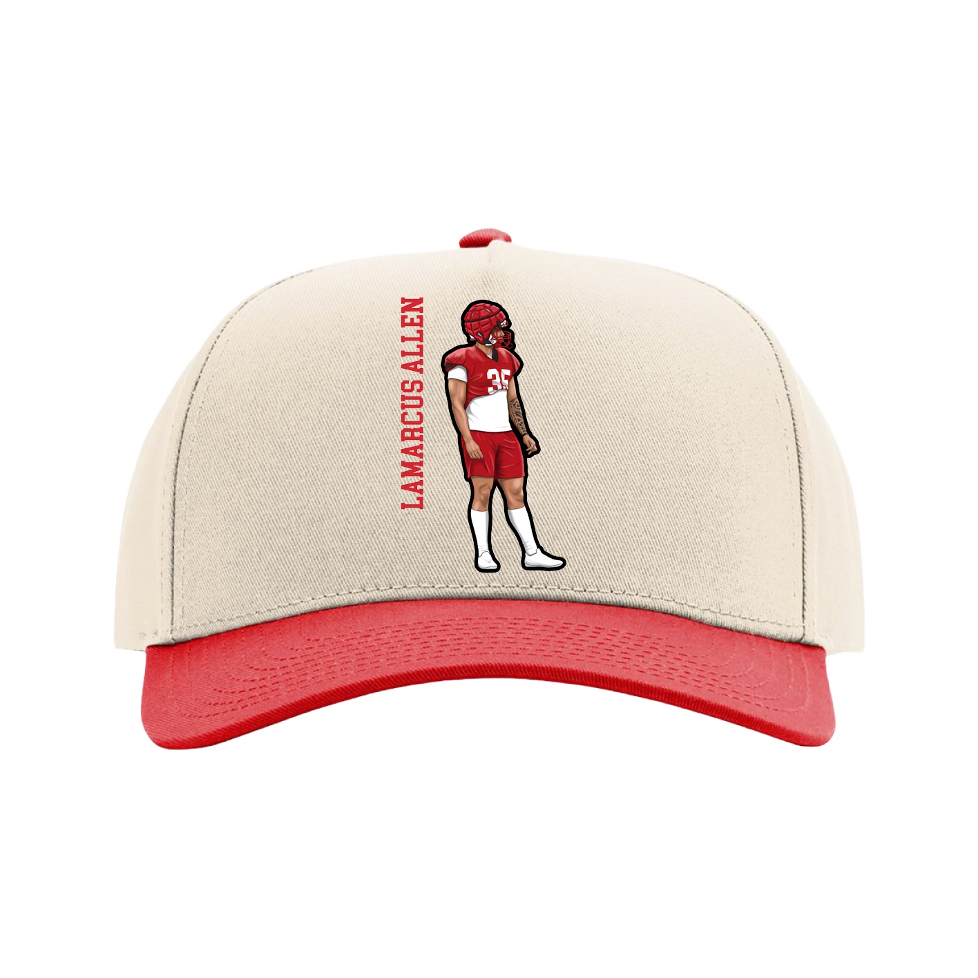 Full Fabric Five-Panel Champ Cap — Name Vertical in Cream/Red