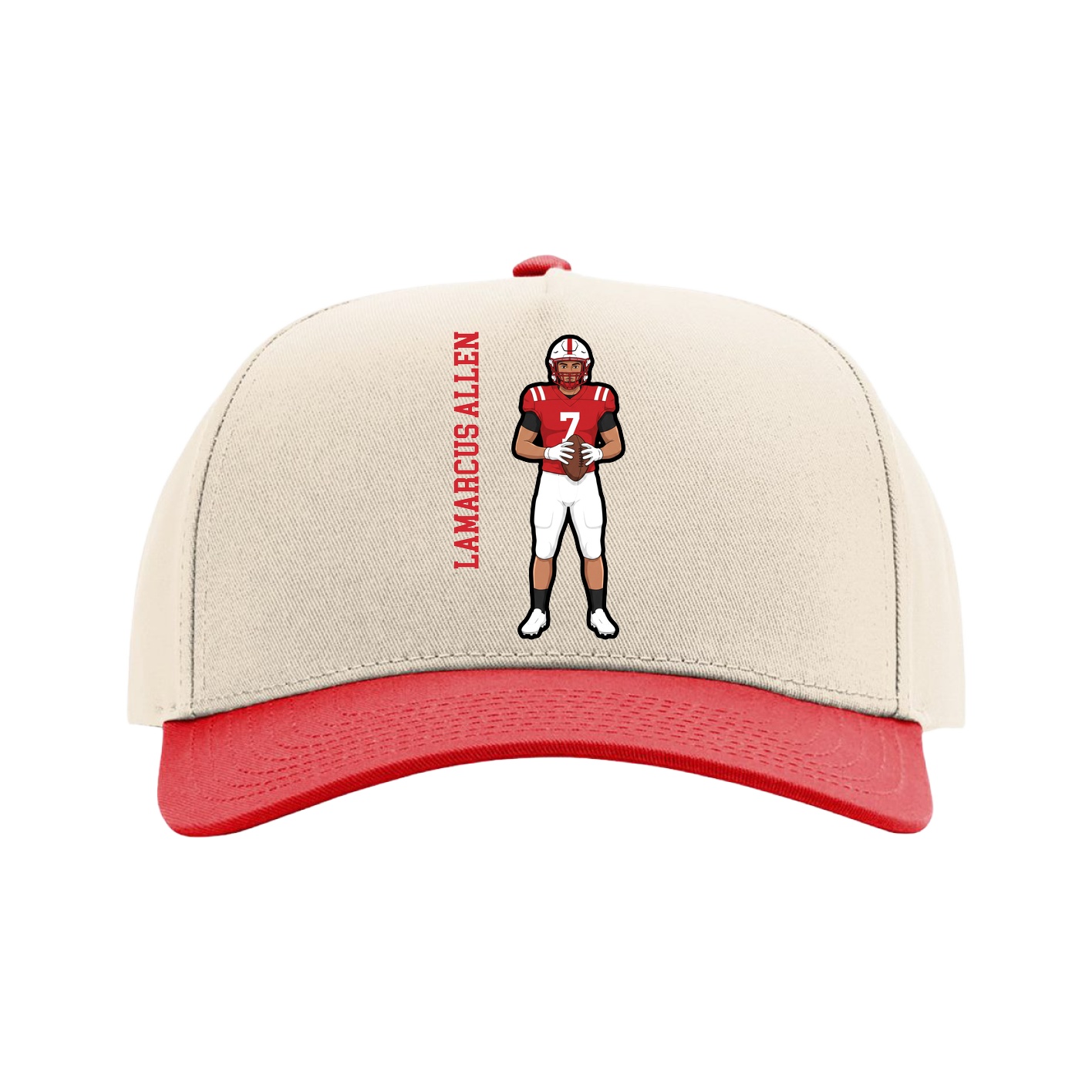 Full Fabric Five-Panel Champ Cap — Name Vertical in Cream/Red