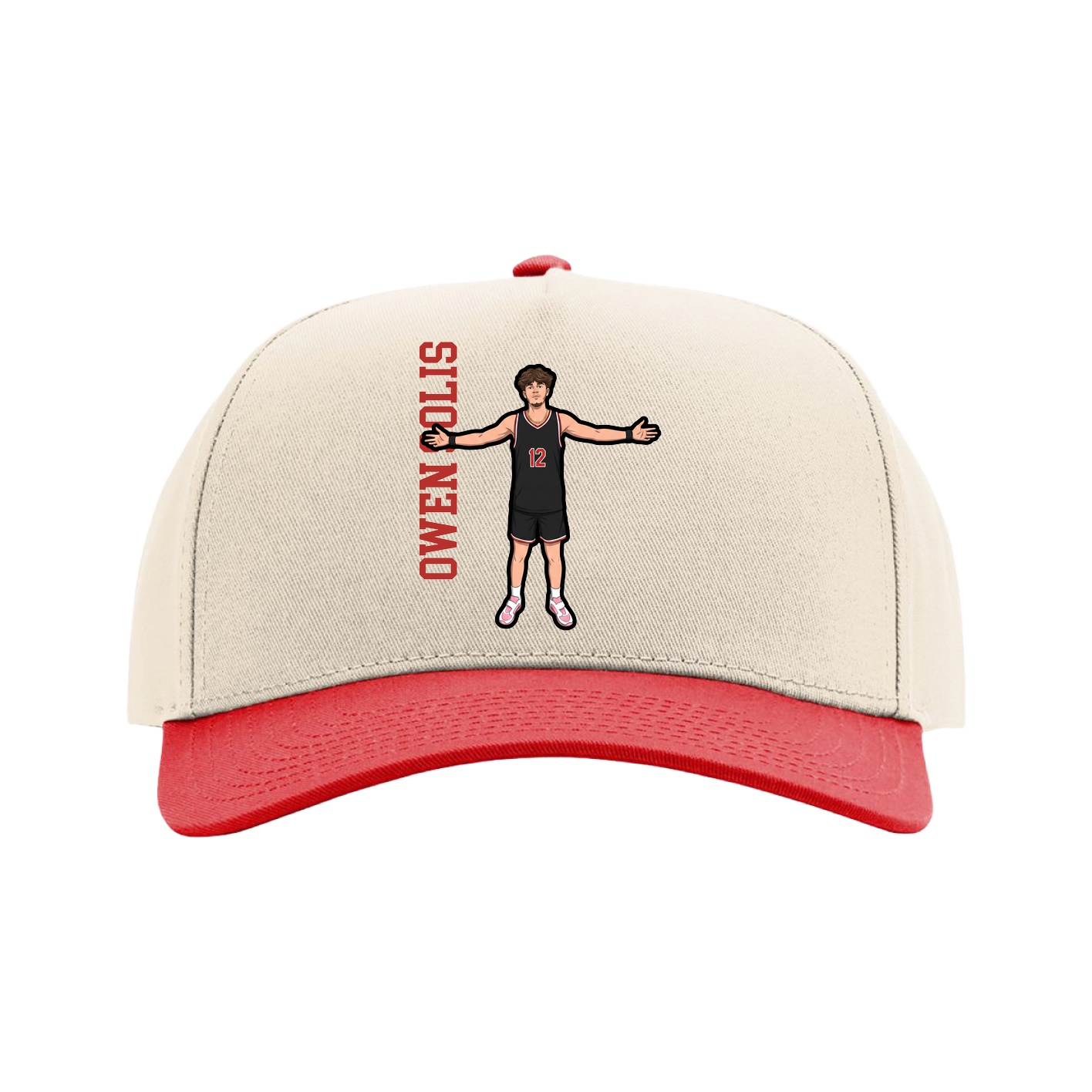 Full Fabric Five-Panel Champ Cap — Name Vertical in Cream/Red