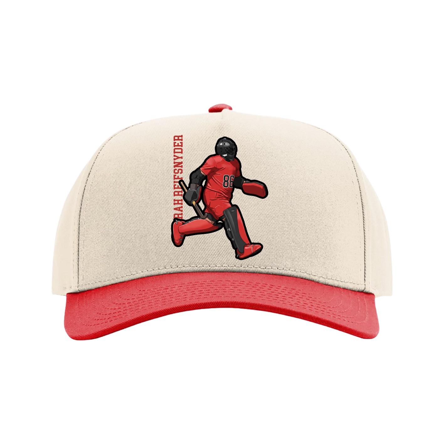Full Fabric Five-Panel Champ Cap — Name Vertical in Cream/Red