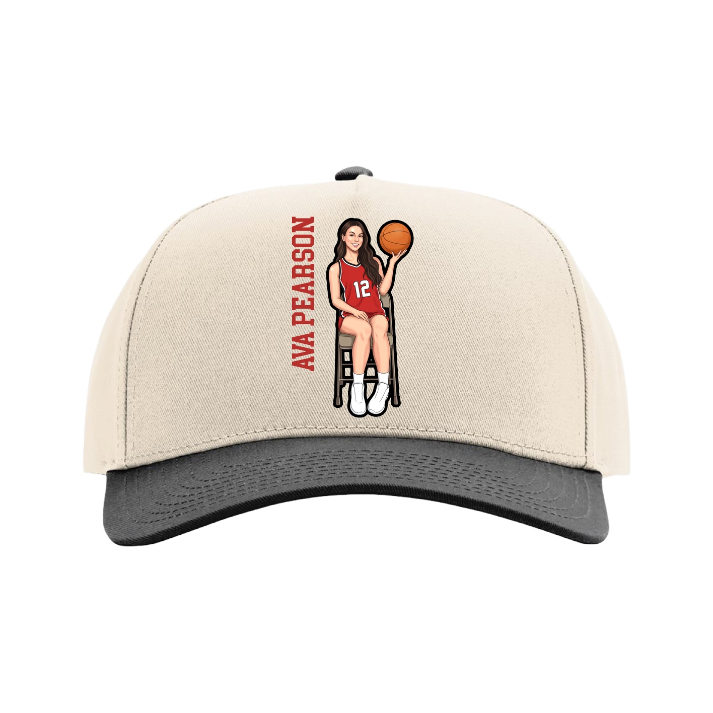 Full Fabric Five-Panel Champ Cap — Name Vertical in Cream/Black