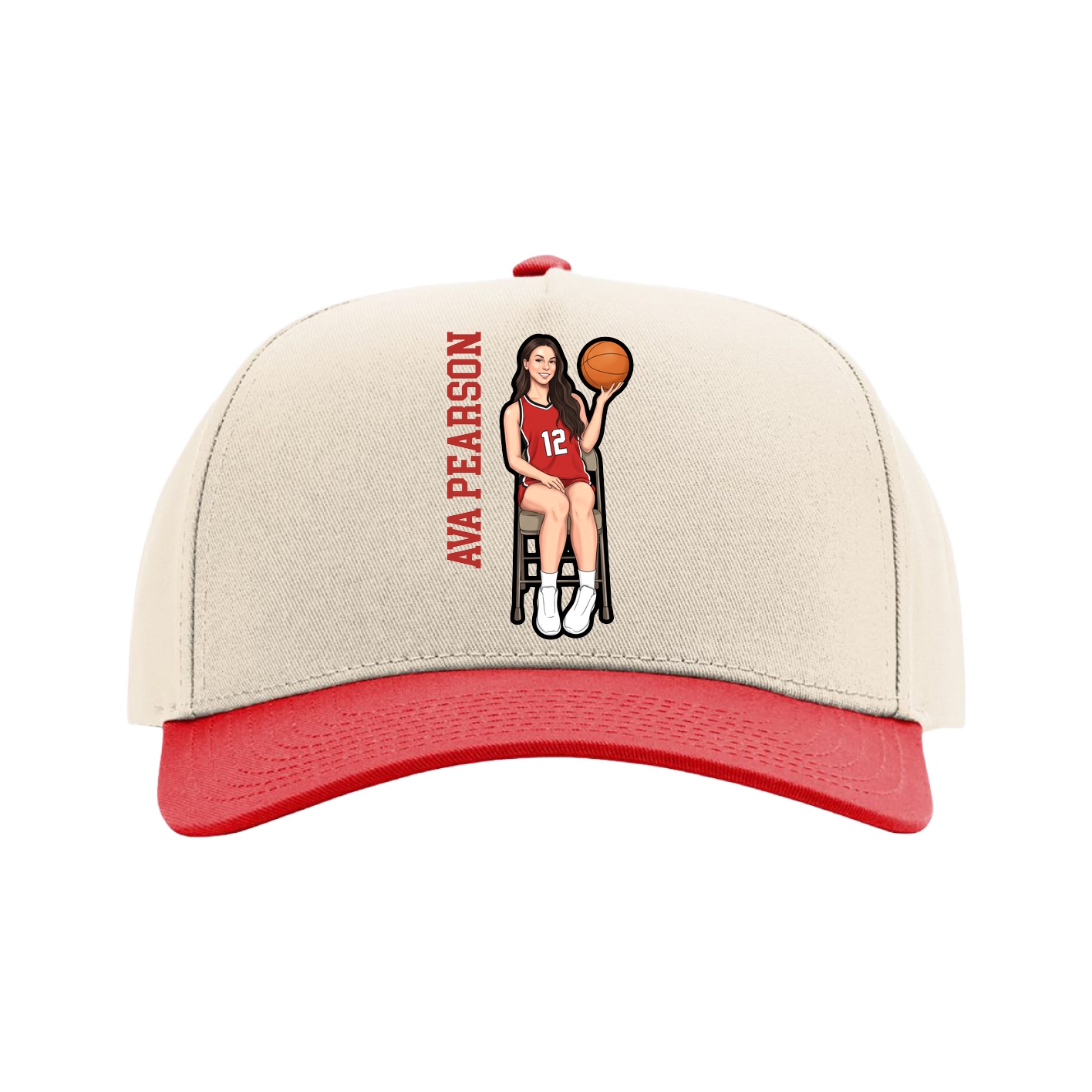 Full Fabric Five-Panel Champ Cap — Name Vertical in Cream/Red