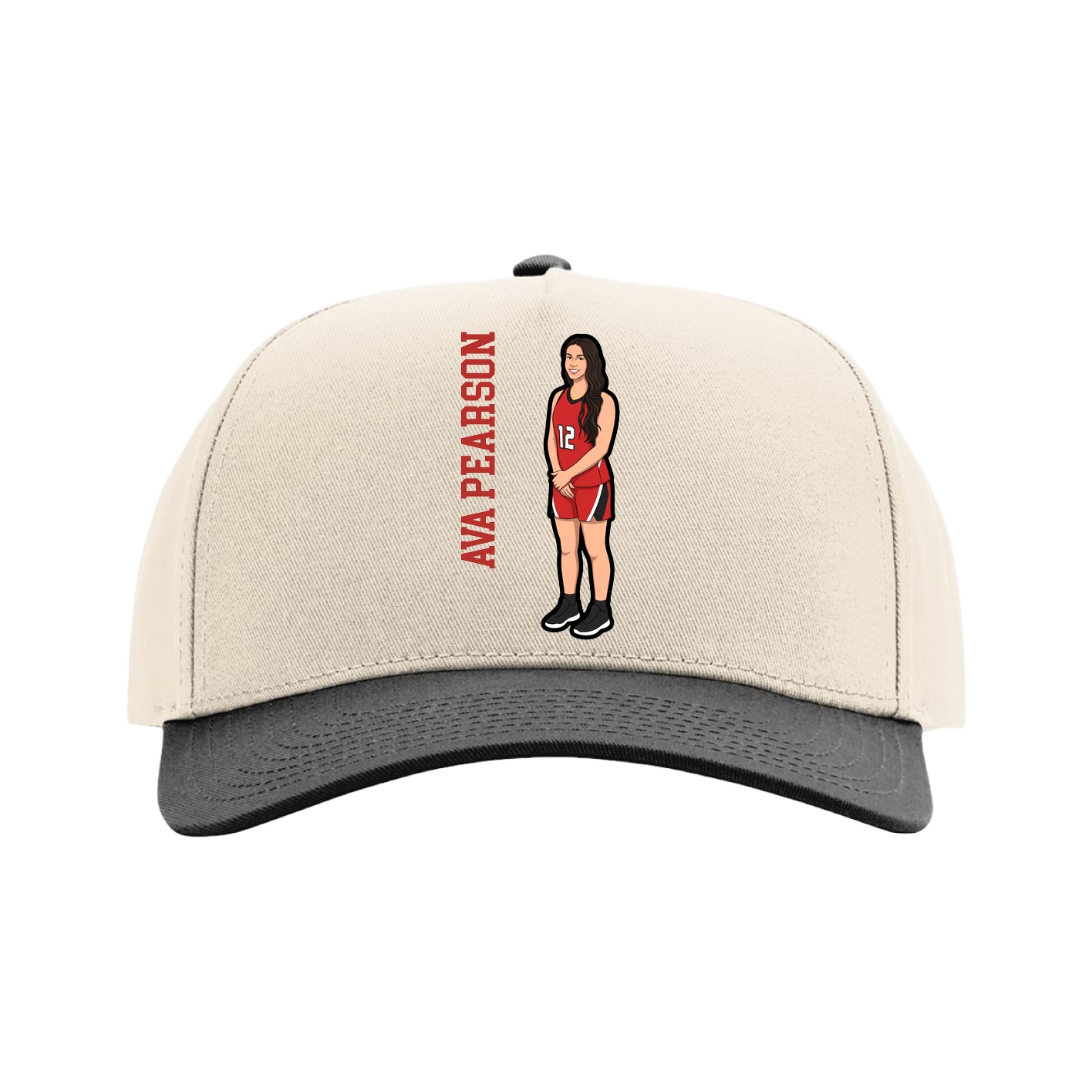 Full Fabric Five-Panel Champ Cap — Name Vertical in Cream/Black