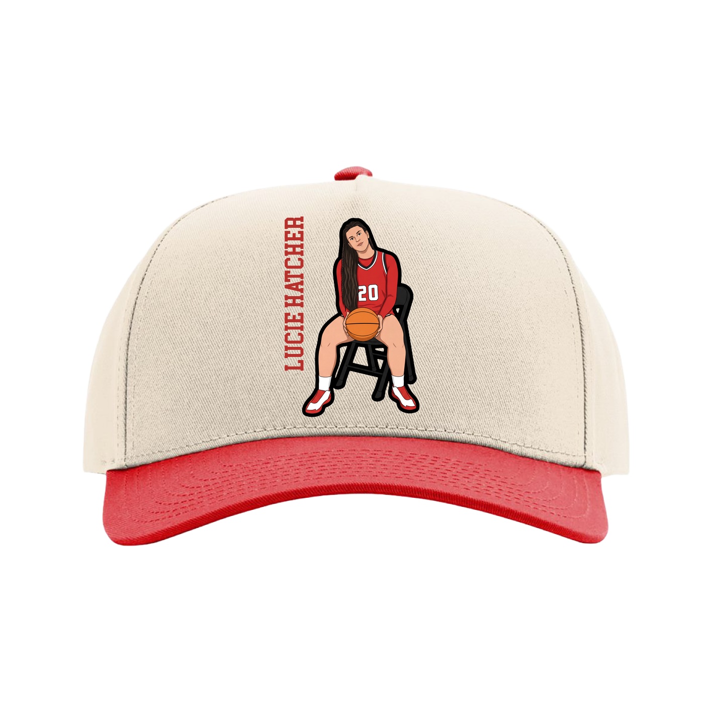 Full Fabric Five-Panel Champ Cap — Name Vertical in Cream/Red